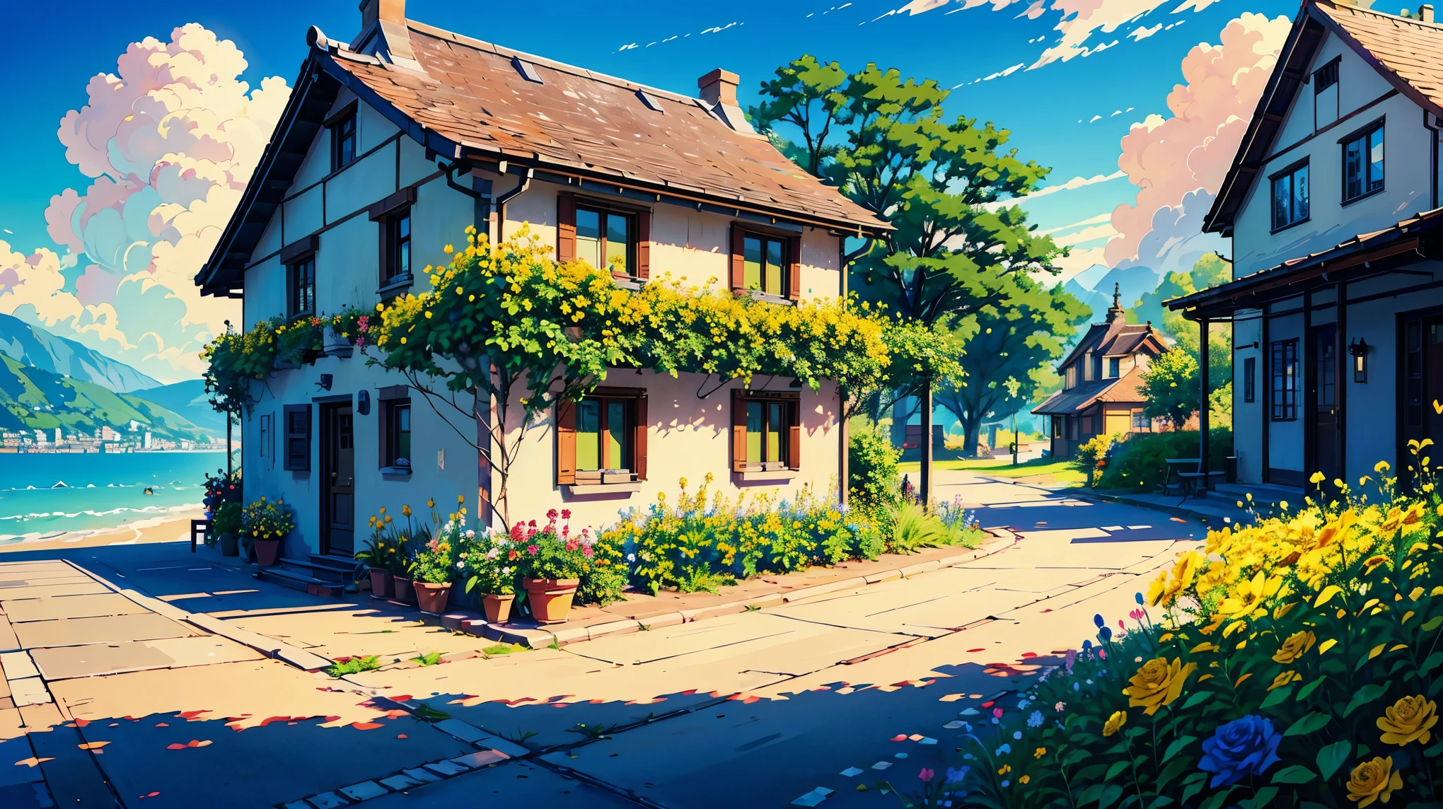 Swiss town，beachside，scenecy，Casa，exteriors，Skysky，janelas，A plant，daysies，grassy，​​clouds，potted，The tree，doors，flower pots，blue-sky，buliding，chimneys，Yellow flowers，Rose flower，in style of hayao miyazaki，