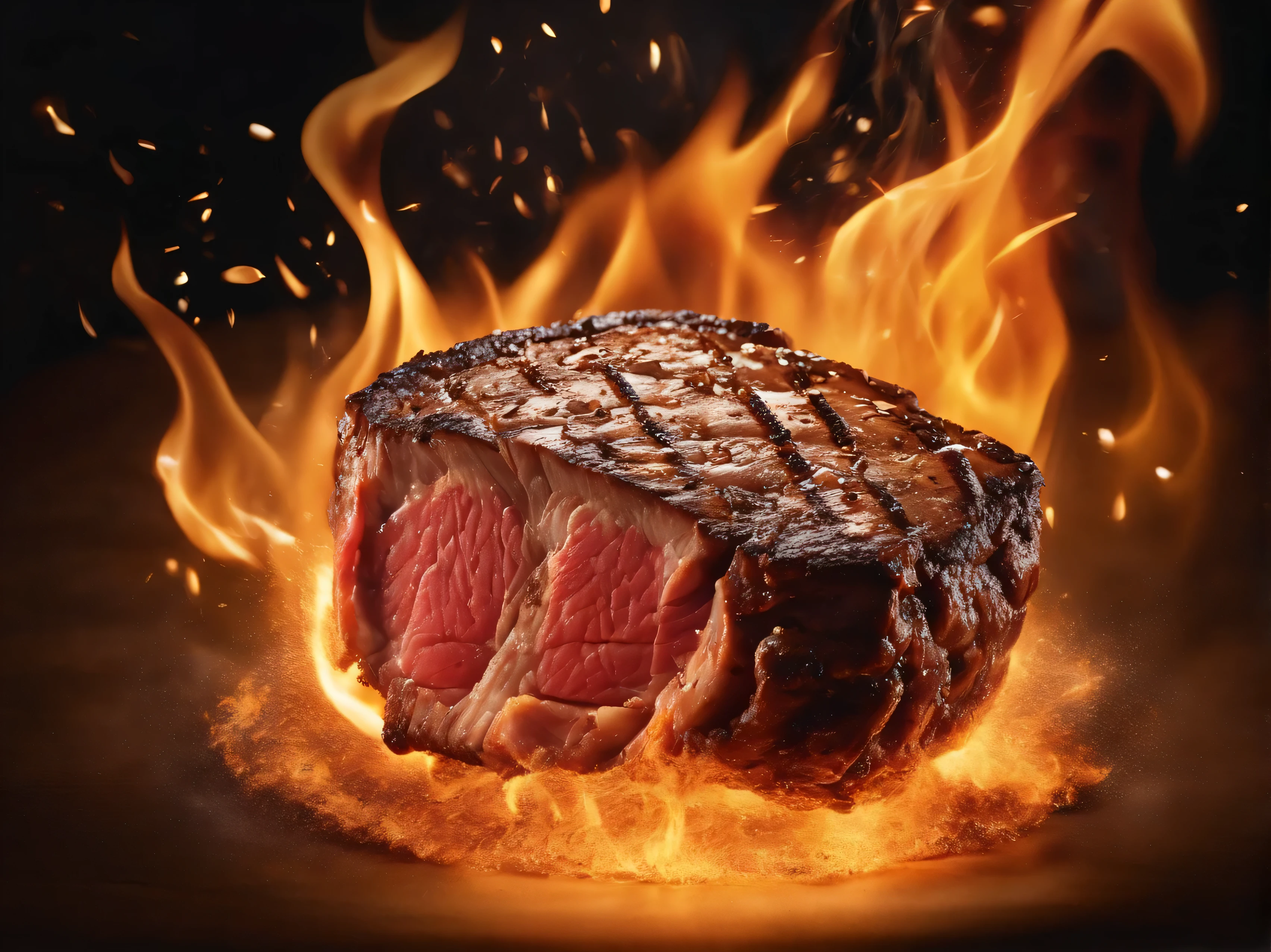 A fiery grilled steak being flipped mid-air, with flames and sparks erupting around it, High-speed photography, food photography, captivating, exciting, Apple iPhone 14 Pro –s 700 –q 2 –ar 3:4