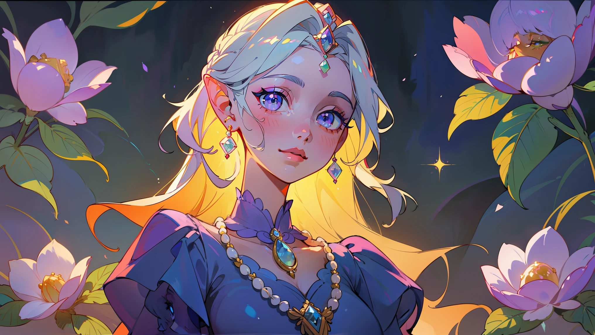 high-quality,ultra-detailed,beautiful detailed eyes,beautiful detailed lips,extremely detailed eyes and face,longeyelashes,medium:oil painting,portrait,colorful,soft lighting,princess,February theme,purple dress,tiara,graceful,ethereal,royal,blossoming flowers,fantasy,regal,enchanted garden,hairstyle with flowers,romantic atmosphere,lunar-inspired background,vivid colors,floral patterns,luxurious jewelry,dreamlike,gentle smile,celestial,pearl necklace,sparkling,delicate features,majestic,elven-like,serene expression,glowing,February birthstone,pastel colors,soft shadows,tranquil,graceful pose,fairy tale, 1 girl