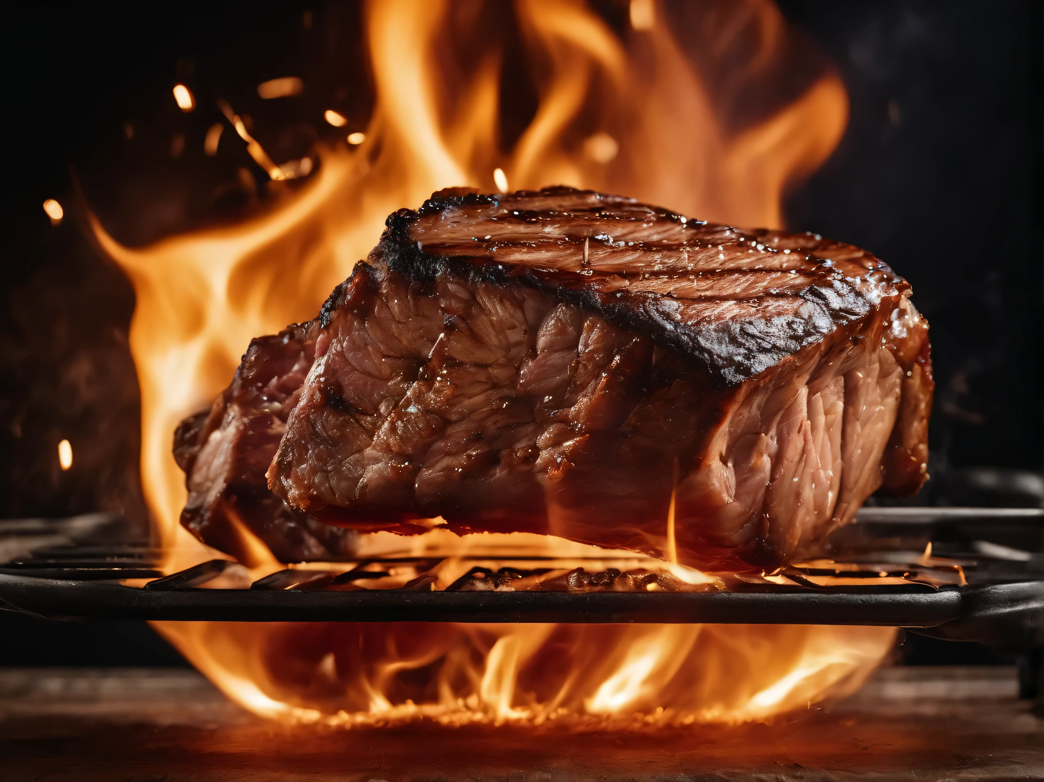 A fiery grilled steak being flipped mid-air, with flames and sparks erupting around it, High-speed photography, food photography, captivating, exciting, Apple iPhone 14 Pro –s 700 –q 2 –ar 3:4