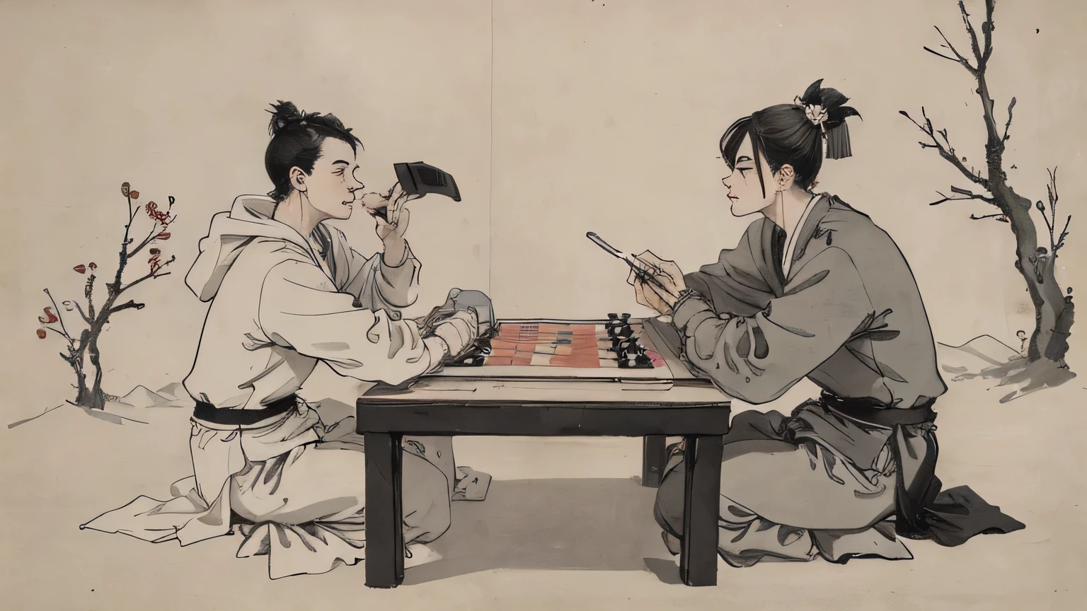 (masterpiece, best quality: 1.2), Chinese traditional ink painting, Two people play chess