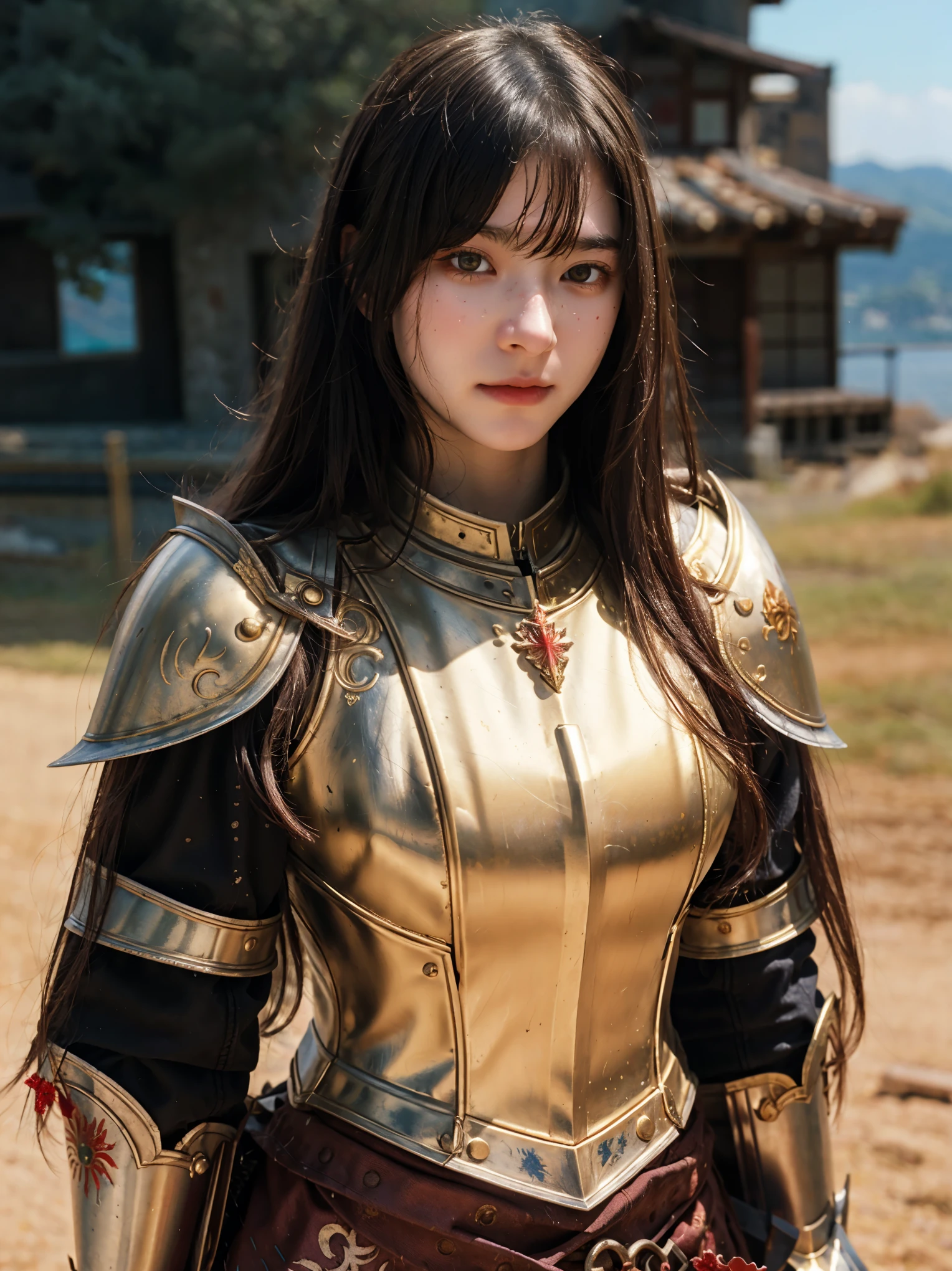 (((Realistic, masterpiece, best quality, crisp detail, high definition, high detail))), girl wearing delicate decorated armor, golden armor, japan style heavy armor, full body armor, long straight hair, dirty, sweating, bloodstained face, bloodstained armor, blood scattered, bloodbath, carnage, long bloodstained sword, in epic war, fire and smoke everywhere, death anywhere