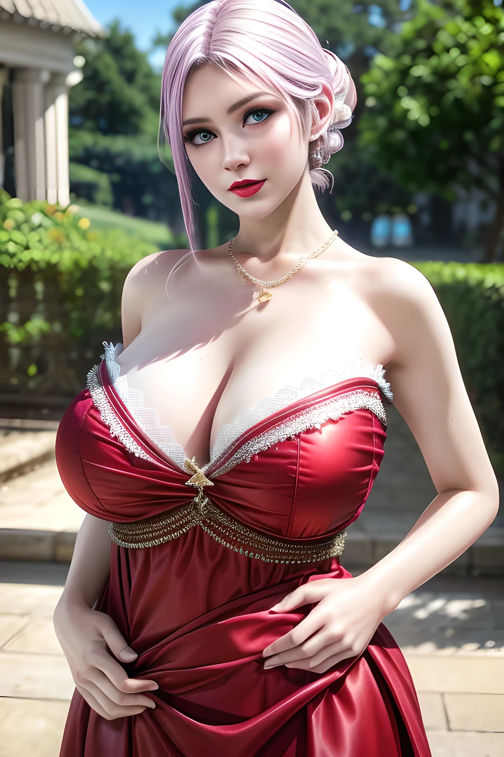 1 girl,Alice,(pajamas),(White strapless dress:1.4),Outdoor activities,  (standing posture),grace,(((red lips))), Lips slightly open,  clavicle,Lactation,(huge breasts:1.3),skin shiny,((8k, original photo, top quality, masterpiece), HD RAW color photos professional close-up photos, (actual, photorealism: 1.37), (best quality),8k,Fabric luster,alone,