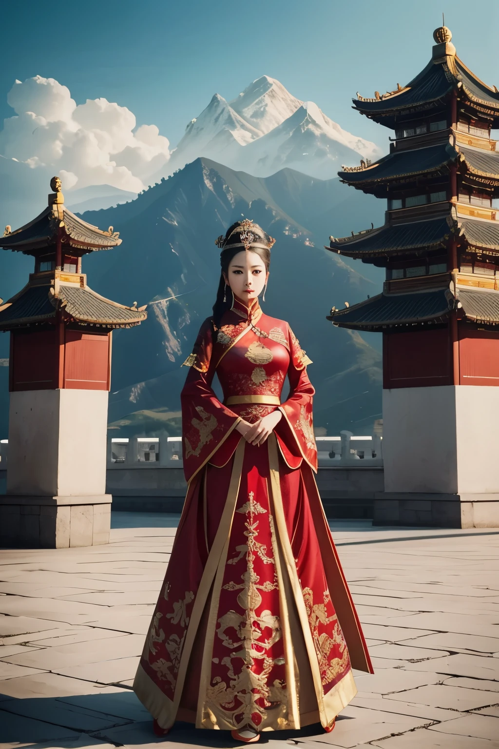 traditonal china queen, Domineering, Potrait, standing on china castle, china Wu Zetian, facing in infront, gorgeous china red queen dressfull body view