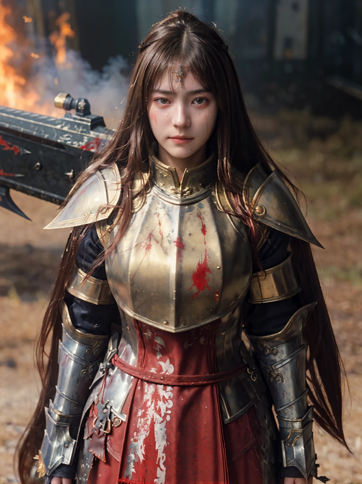 (((Realistic, masterpiece, best quality, crisp detail, high definition, high detail))),  girl wearing golden armor, japan style heavy armor, full body armor, long straight hair, dirty, sweating, bloodstained face, bloodstained armor, bloodscattered, bloodbath, carnage, long bloodstained sword, in epic war, fire and smoke everywhere, death anywhere