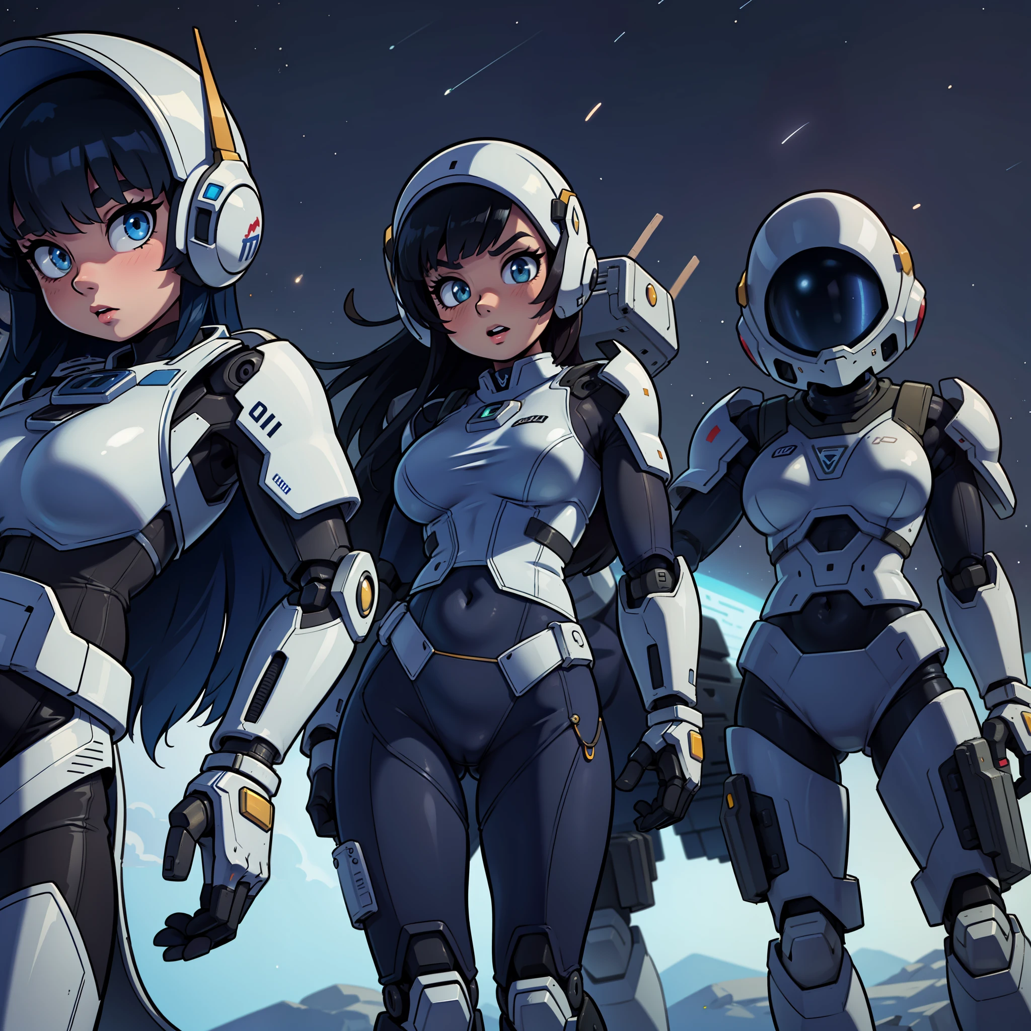 extremely anime line art, sexy spacesuit, beautiful, fantasy space team, female Marines, robotic-like.