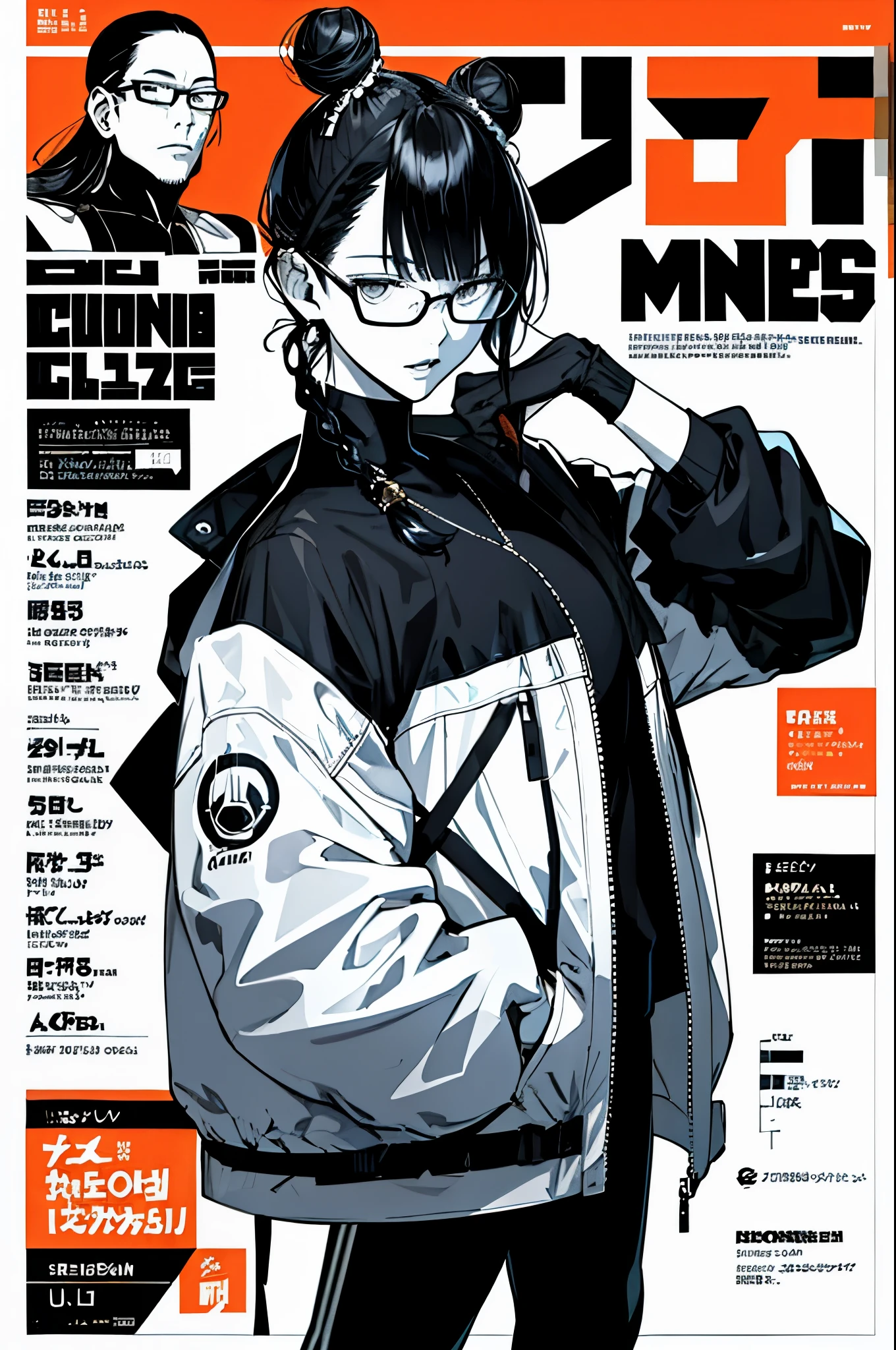 (magazine cover:1.3),Ulzzang-6500, (realistic: 1.3) (original: 1.2), masterpiece, highest quality, beautiful and clean face, whole body, 1 female, (Wearing a black and white and cobalt sci-fi tech mask and headphones with complex electronics), Wearing a black techwear jacket and orange pants with buckles and tape, (crystal necklace), pose for a photo, (White braided bun hair), Glasses 