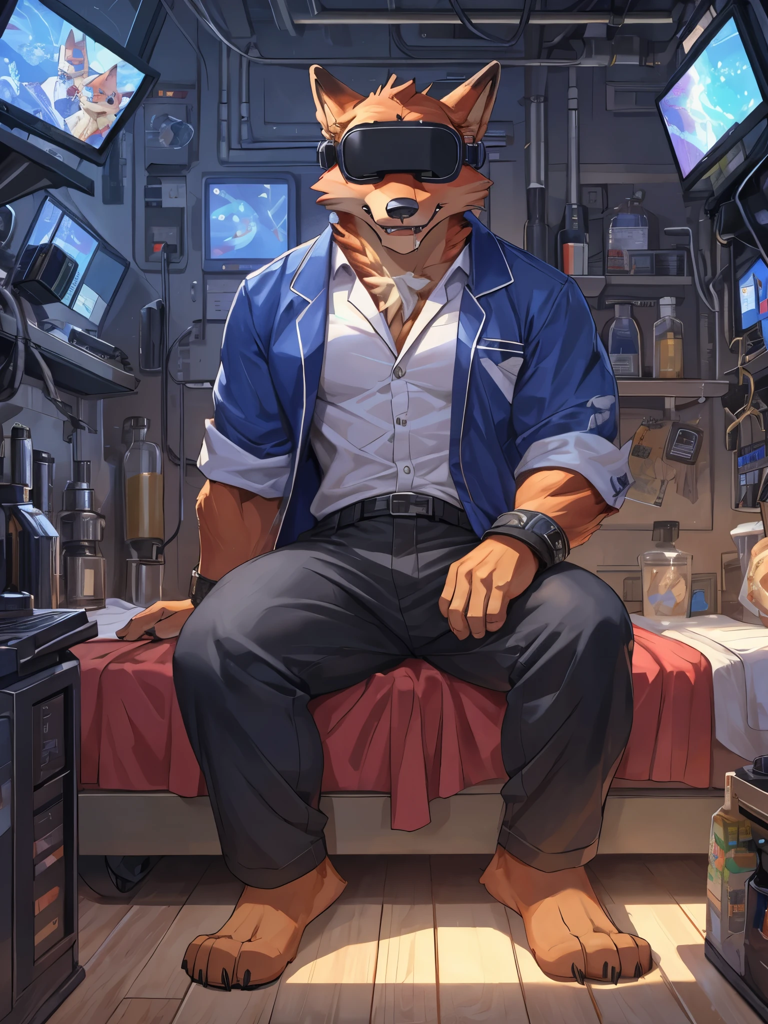 Barefoot furry character, full body, furry male.

Beefy, brawny, muscular, hypnotised Nick Wilde lying on bed in dark laboratory, strapped to the bed, wearing black leather shackles on his wrists and ankles, hypnotised, brainwashed, mind controled, drooling, wears pale blue hospital pajama, long pants, wears hypnotic vr helmet covering eyes, nice feet 

BREAK, detailed background, 8K, (masterpiece:1.5), intricate details, highly detailed, extreme detail, anime, best quality, highres, (detailed face:1.5), nice face, ((full_body)), UHD, (((perfect hands))), low ligth:1.2, 