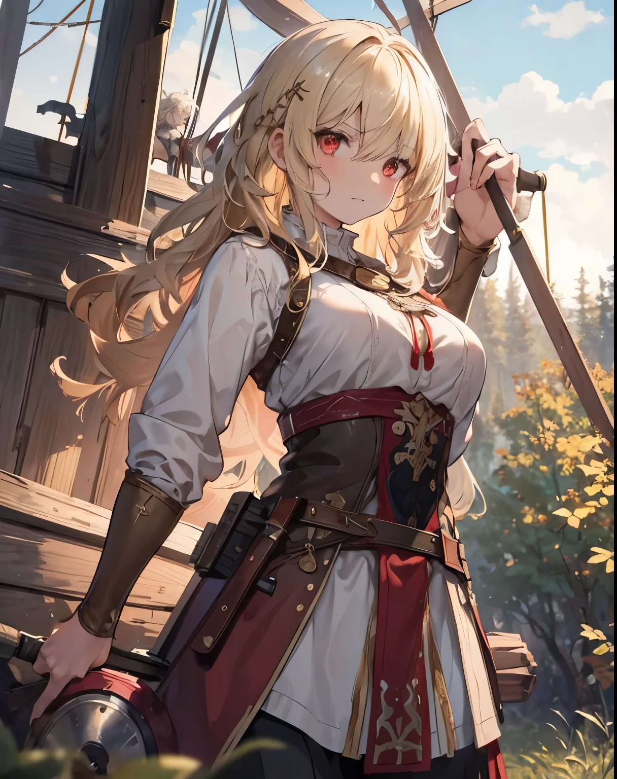 masterpiece, 1girl, sparrow, a blonde haired girl, wearing an slavic clothes, curly medium hair, messy hair, slim body, wearing adventurer clothes, she close her left eye, shirt ornament, angry expression, red eyes, stand at forest, big breasts, slavic