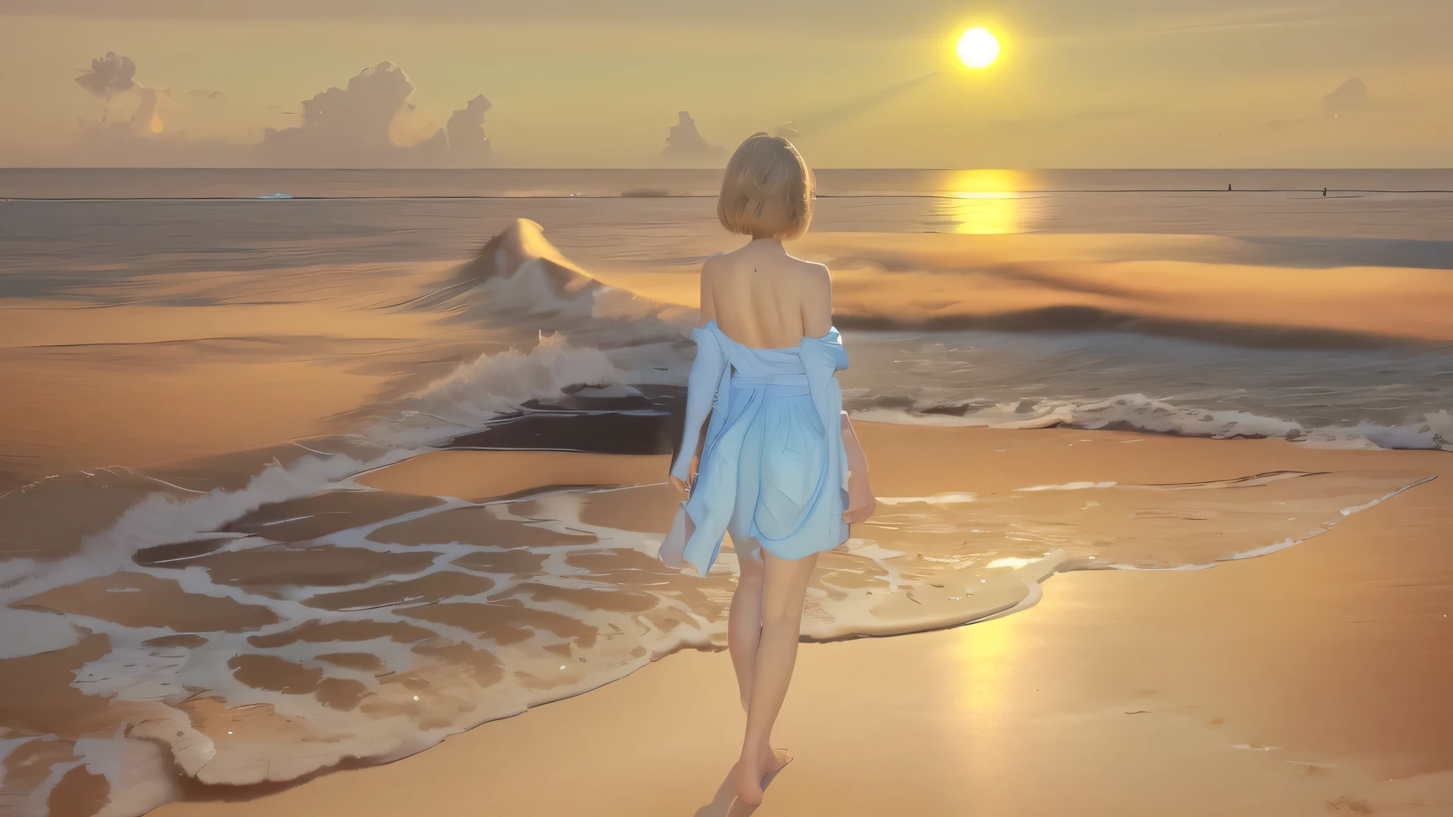(((surreal)))、(((High resolution)))、(In 8K)、 (((very detailed)))、(highest quality、masterpiece:1.3)、((sharp))、cinematic light、panoramic、beach、white sand beach、beachを歩く女の子、into the cloud、bright sun、The sun rises high、Midsummer、By Shinkai Makoto、hair network、long hair、white blouse、blue shorts