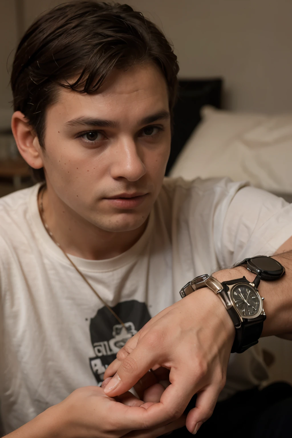 father in his 50s hand his ager son a old rusty watch; semi photo realistic