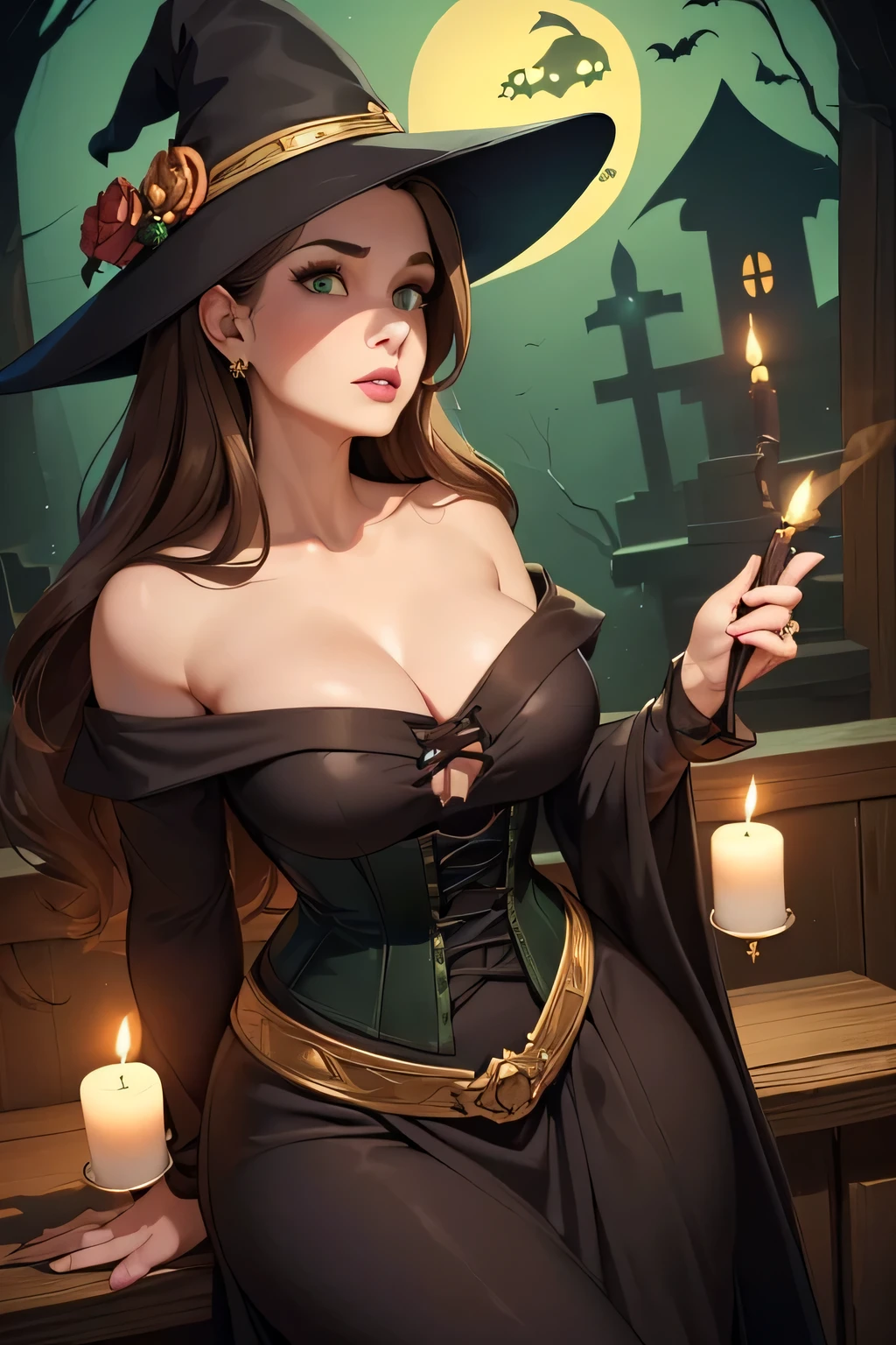 ((Masterpiece)) ((High Quality)) ((Perfect Face)) ((Beautiful)) ((Round face)) ((older woman)) ((Brown hair)) ((long Hair)) ((Cute Nose)) ((Green Eyes)) ((Light Skin)) ((Full lips)) ((Witch)) ((Spooky Shop)) ((Candlelight)) ((Dim Light)) ((Black Off the shoulder corset dress))
