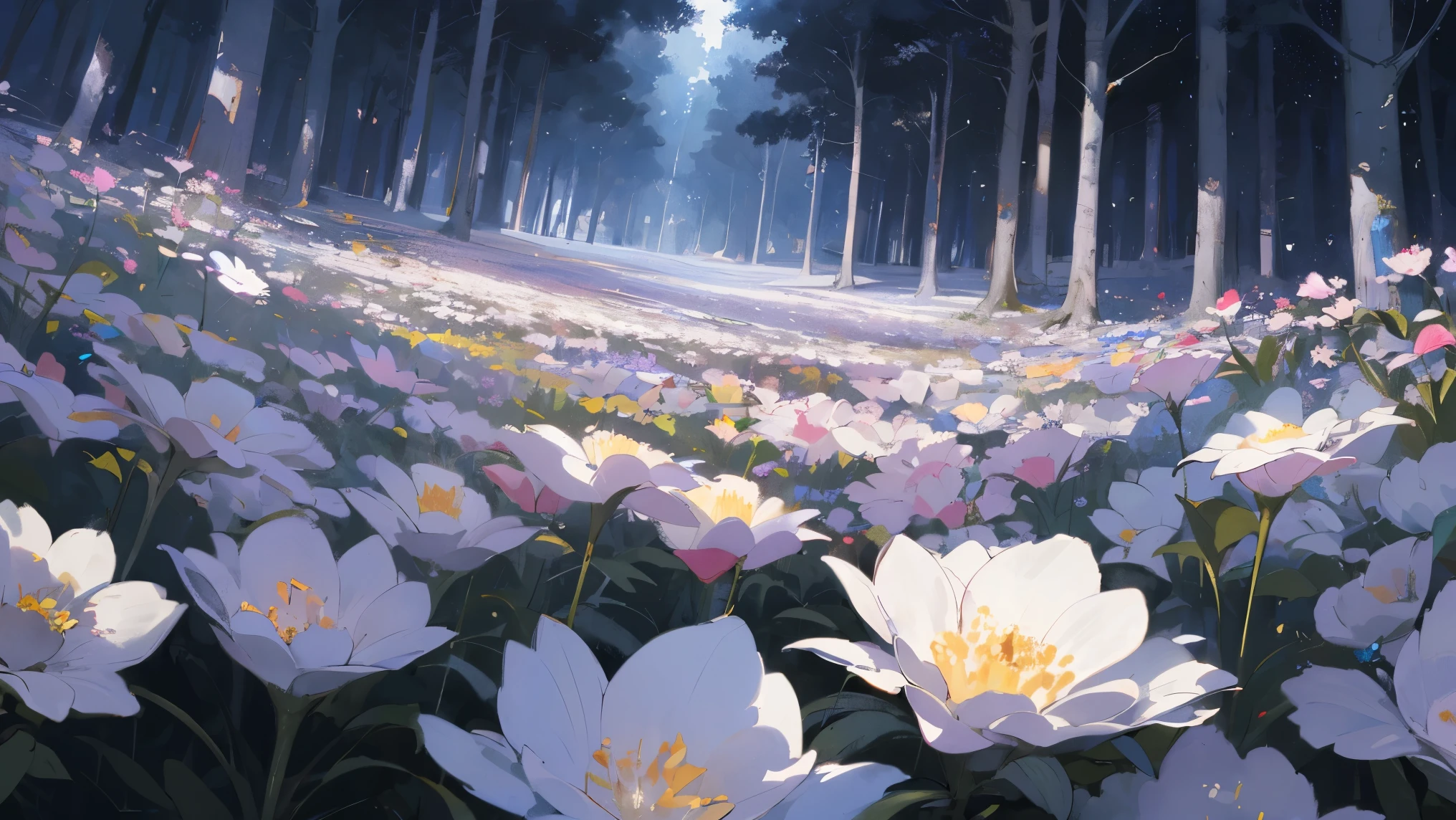 A vacant lot，Flowers grow in open spaces，In the distance is a dark forest，The flowers are bright，light sparkles，Clear skies change from above to dark skies，Look at the camera from below，Dark lighting，volume illumination，super-detail，Environmental details，highs quality，coverpage，Fantasia，Arte，MasterPiece，best best quality , vibrant colors