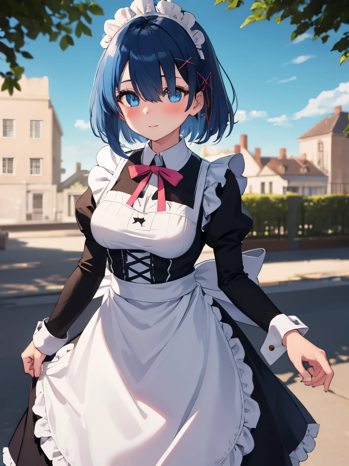1girl, solo, distant view, breasts, looking at viewer, blush, short hair, blue eyes, hair ornament, dress, ribbon, medium breasts, blue hair, hair ribbon, outdoors, detached sleeves, sky, day, hair over one eye, apron, blue sky, maid, maid headdress, x hair ornament, pink ribbon, roswaal mansion maid uniform