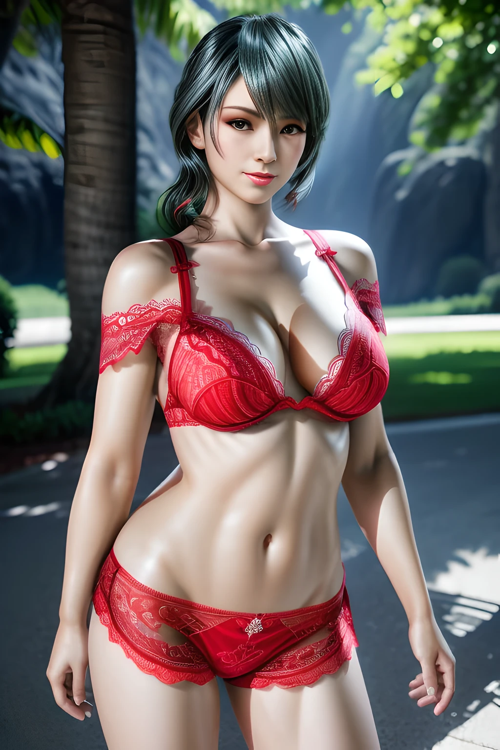 1 girl,vampire princess,red underwear, (lace:1.3),stockings,Outdoor activities, (standing posture),jewelry,Lips slightly open, lustful smile, red lips,(Lactation:1.2),(huge breasts:1.2),skin shiny,((8k, original photo, top quality, masterpiece), HD RAW color photos professional close-up photos), (actual, photorealism: 1.37), (best quality), (Best shadows),ultra high resolution, HD CG unified 8K wallpaper,soft sunshine,clothing details, alone,ring