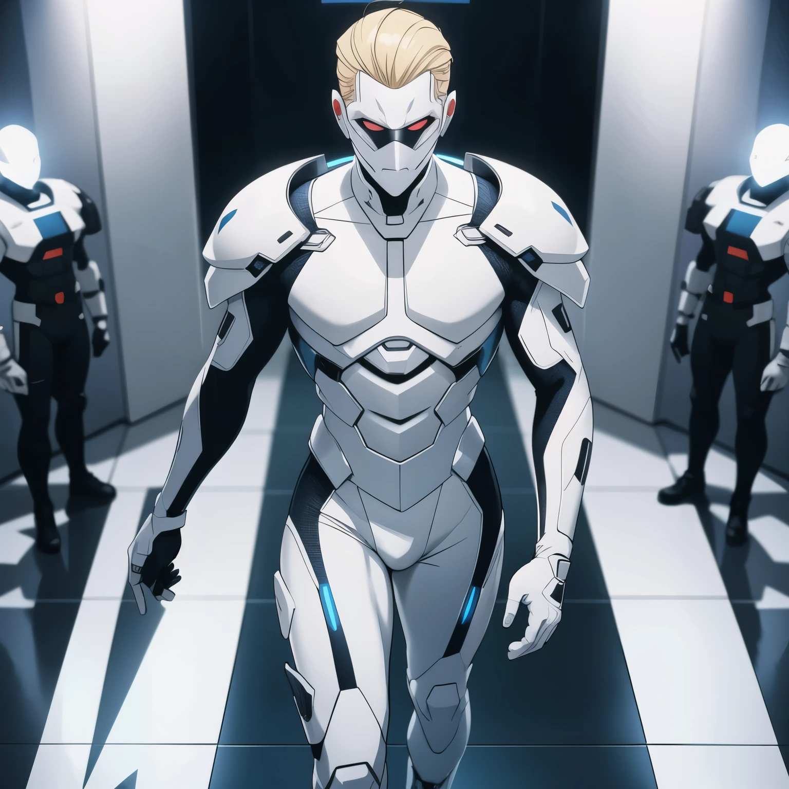 (futuristic, sci fi)Man in all white body suit, blonde hair, white gaunlets, full body suit, hands visible, hair visible, pale skin, beautiful face, masterpiece, white futuristic mask covering mouth, eyes visible, sinister intent, tools in hand, soldiers in background, tool visible, teenager