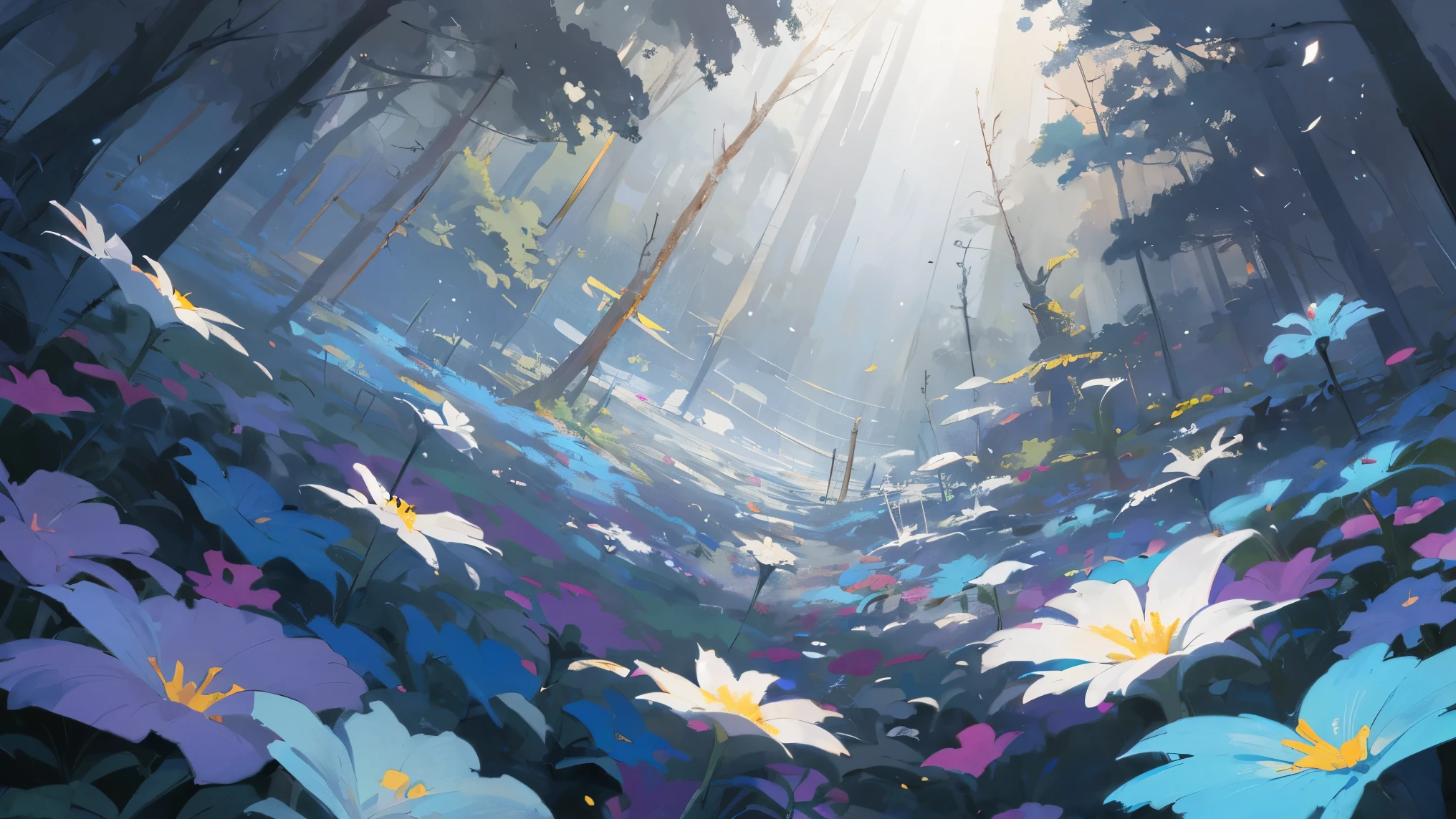 A vacant lot,Flowers grow in open spaces,In the distance is a dark forest,The flowers are bright,light sparkles,Clear skies change from above to dark skies,Look at the camera from below,Dark lighting,volume illumination,super-detail,Environmental details,highs quality,coverpage,Fantasia,Arte,MasterPiece,best best quality , vibrant colors