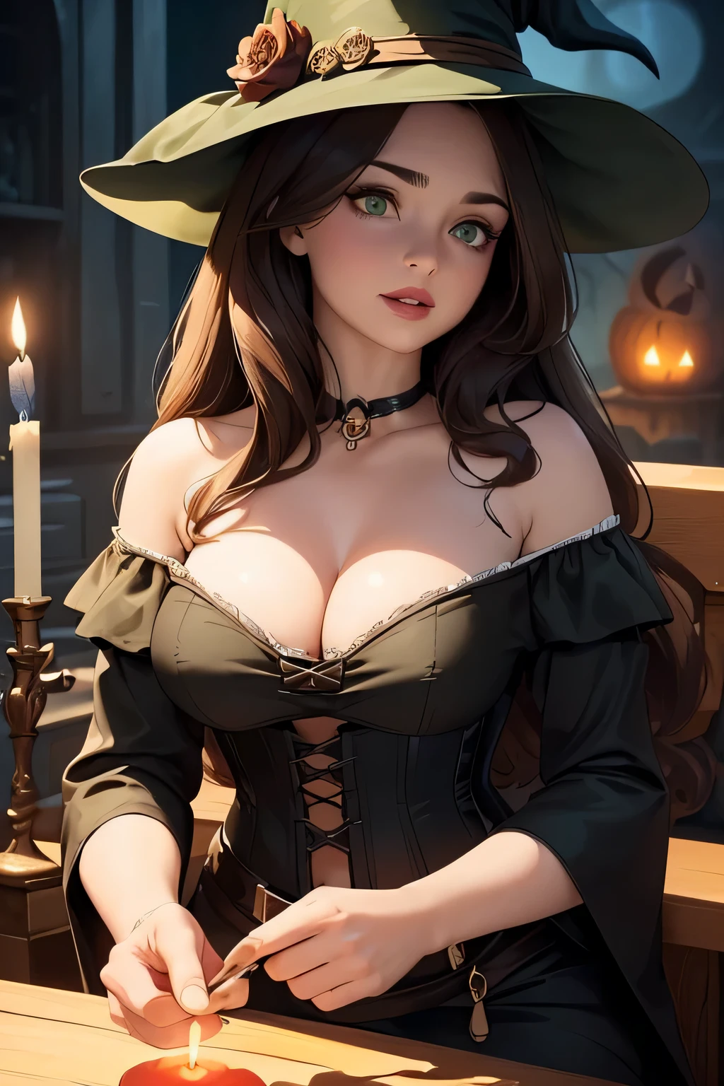 ((Masterpiece)) ((High Quality)) ((Perfect Face)) ((Beautiful)) ((Round face)) ((middle-aged woman)) ((Brown hair)) ((long Hair)) ((Cute Nose)) ((Green Eyes)) ((Light Skin)) ((Full lips)) ((Witch)) ((Spooky Shop)) ((Candlelight)) ((Dim Light)) ((Black Off the shoulder corset dress))