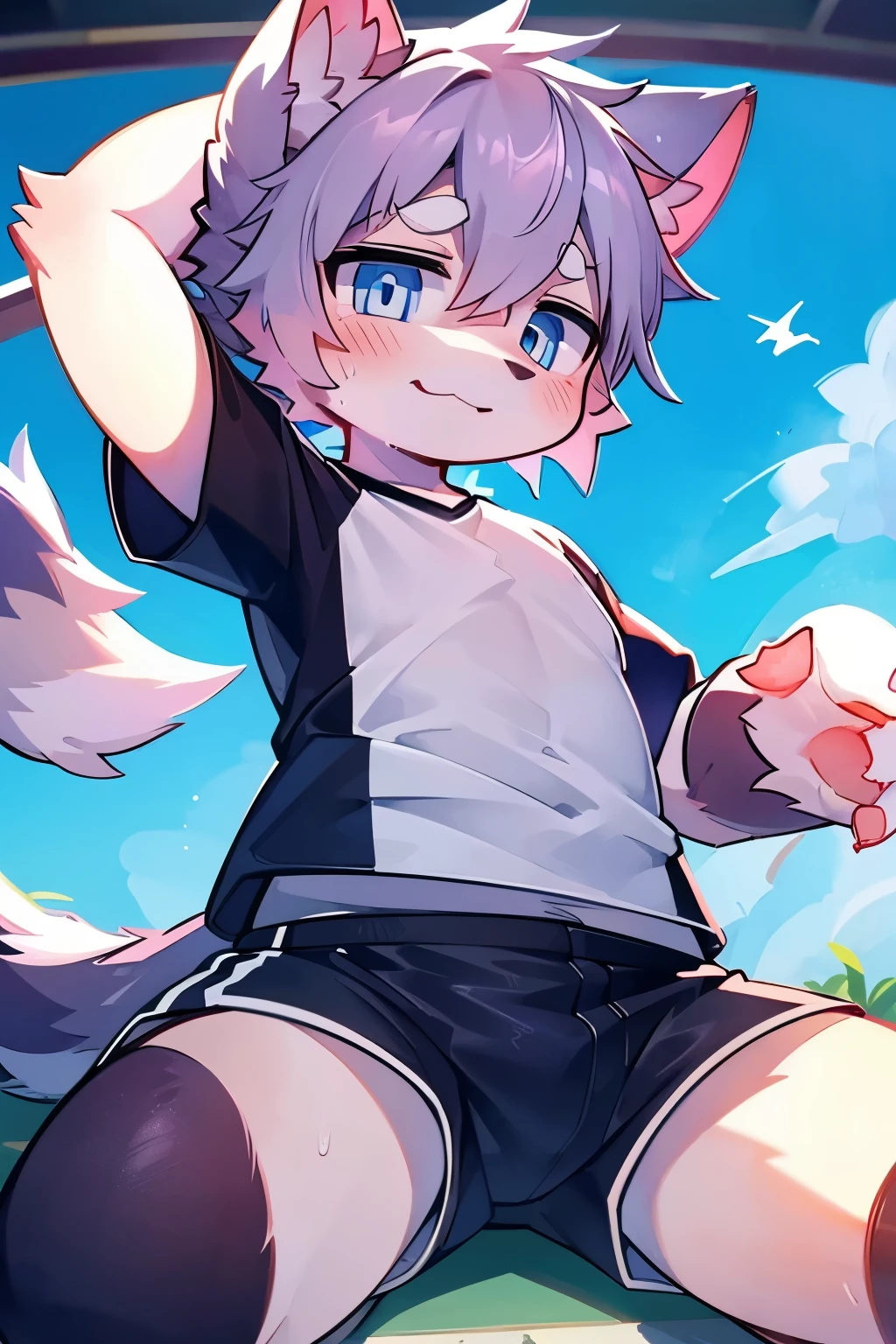 (best quality,4k,8k,high resolution,masterpiece:1.2)super detailed,portrait,Wolf,white sports shorts, rest, short sleeves,soaked with sweat,stable,sharp vision,Fine hairs,intense gaze,subtle shading,soft sunshine,elegant gesture,awesome existence,blurred background,emphasizing the Wolf,Contrasting colors, athlete, stadium, number, Black cat with hands under head，pink smile，fall into，Slime set，no tail(best quality,4k,8k,high resolution,masterpiece:1.2)super detailed,portrait,Wolf,white sports shorts, rest, short sleeves,stable,sharp vision,Fine hairs,intense gaze,blue eyes,blushing,panting,Slobber