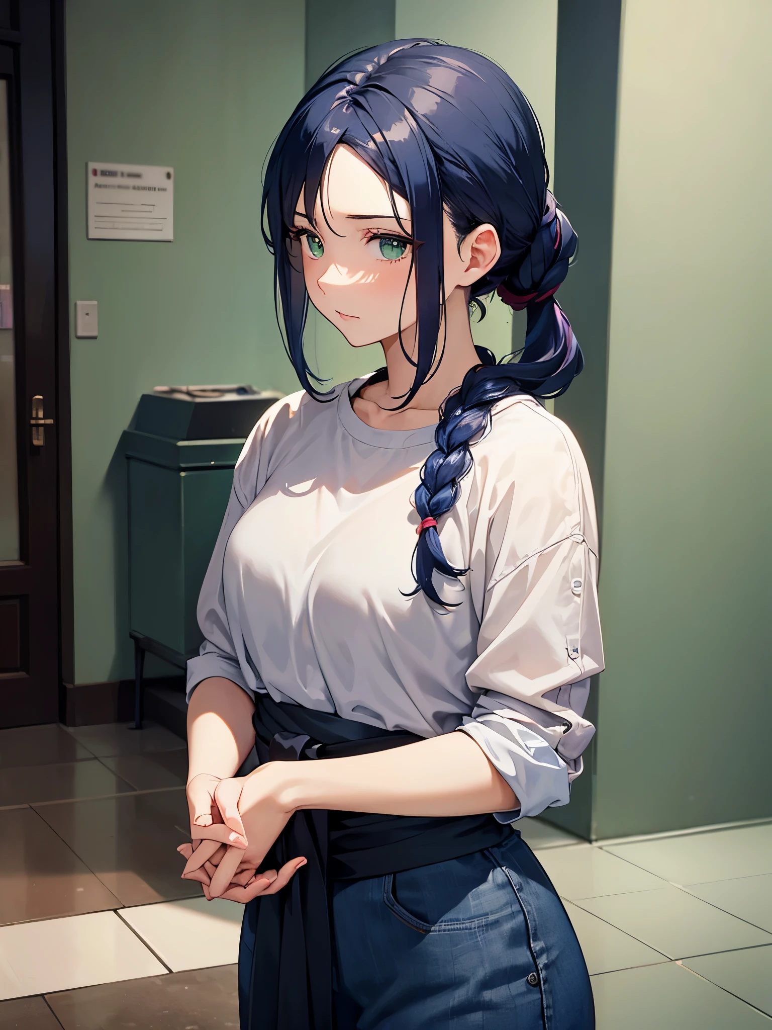 (masterpiece, best quality), best resolution, woman in early 30s, shy, nervous, dark blue hair, braided ponytail, green eyes, hands clasped at waist, inside homeless shelter lobby