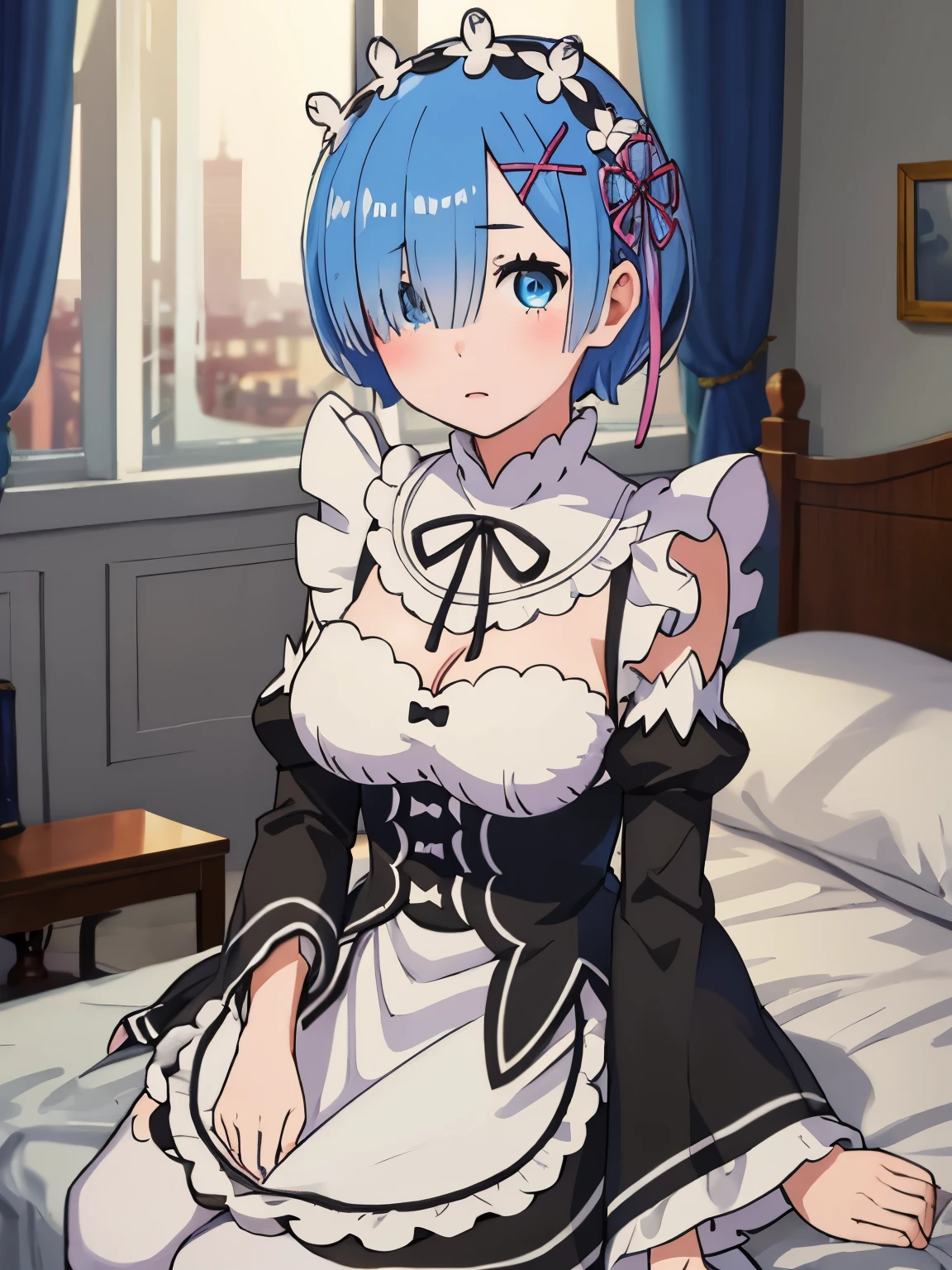 1girl, solo, breasts, looking at viewer, blush, short hair, blue eyes, hair ornament, dress, ribbon, big breasts, blue hair, hair ribbon, sitting on bed, detached sleeves, hair over one eye, apron, maid, maid headdress, x hair ornament, pink ribbon, roswaal mansion maid uniform