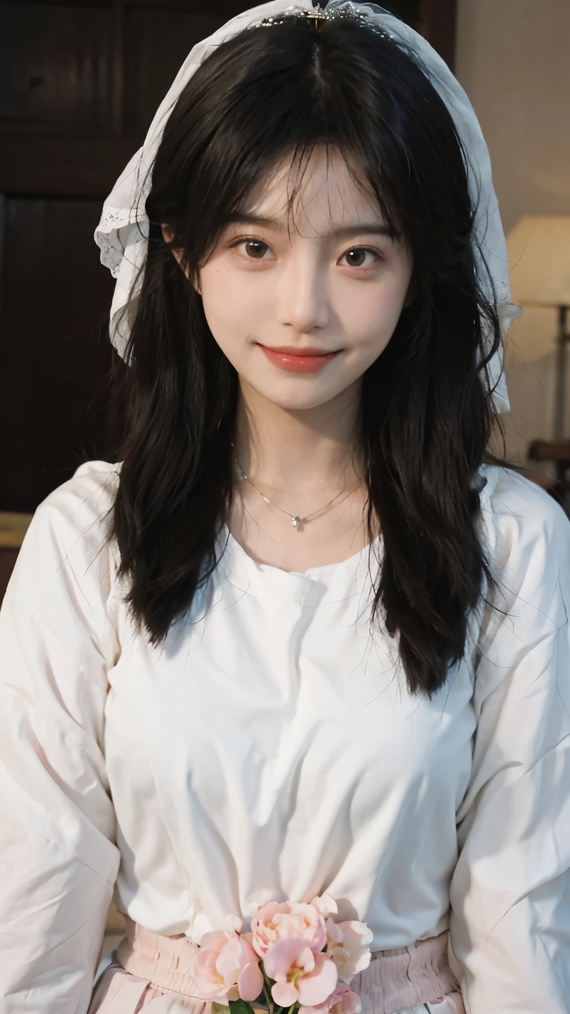 best qualtiy, 超高分辨率, (realisticlying:1.4), Baoyu Girl, Black long straight,A pair of clear and moving peach blossom eyes,Royal Sister,sunshine on face,with long coiled hair,(浴室:1.4),(choker necklace:1.2),(Fair skin:1.9),(full bodyesbian:1.2)a sense of atmosphere,a beauty girl, ssmile,head straight-looking at viewer, closeup cleavage ,(Photorealistic:1.4),1girll,Sexy,(Sheer lace chest patch:1.6),(Big breasts:1.9),(Upper body:1.4),(Wet body),(:1.2)
