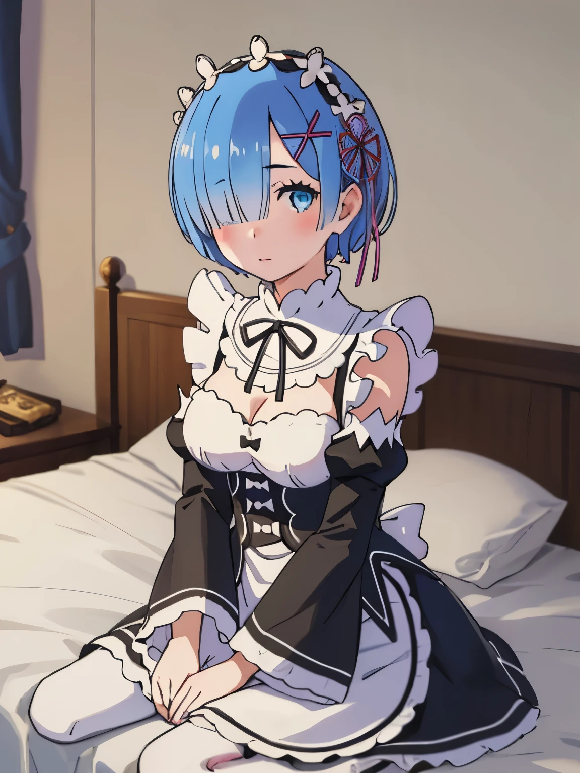 1girl, solo, breasts, looking at viewer, blush, short hair, blue eyes, hair ornament, dress, ribbon, big breasts, blue hair, hair ribbon, sitting on bed, detached sleeves, hair over one eye, apron, maid, maid headdress, x hair ornament, pink ribbon, roswaal mansion maid uniform