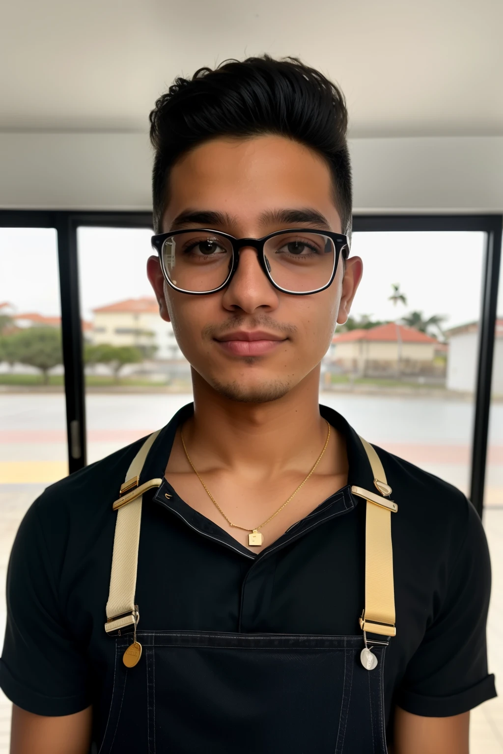 RAW photo in sequence, uma imagem de um de 17 anoiforme de restaurante branco, tergál style overalls)), wearing black Versace VE 3326U GB1 glasses/gold plastics rectangular lenses, staring at the camera.
Alta qualidade, imagem realista, fotografia profissional, detalhes claros do rosto, planos de fundo pouco desfocados, natural lighting, HDR, grain filme, Fujifilm XT3.