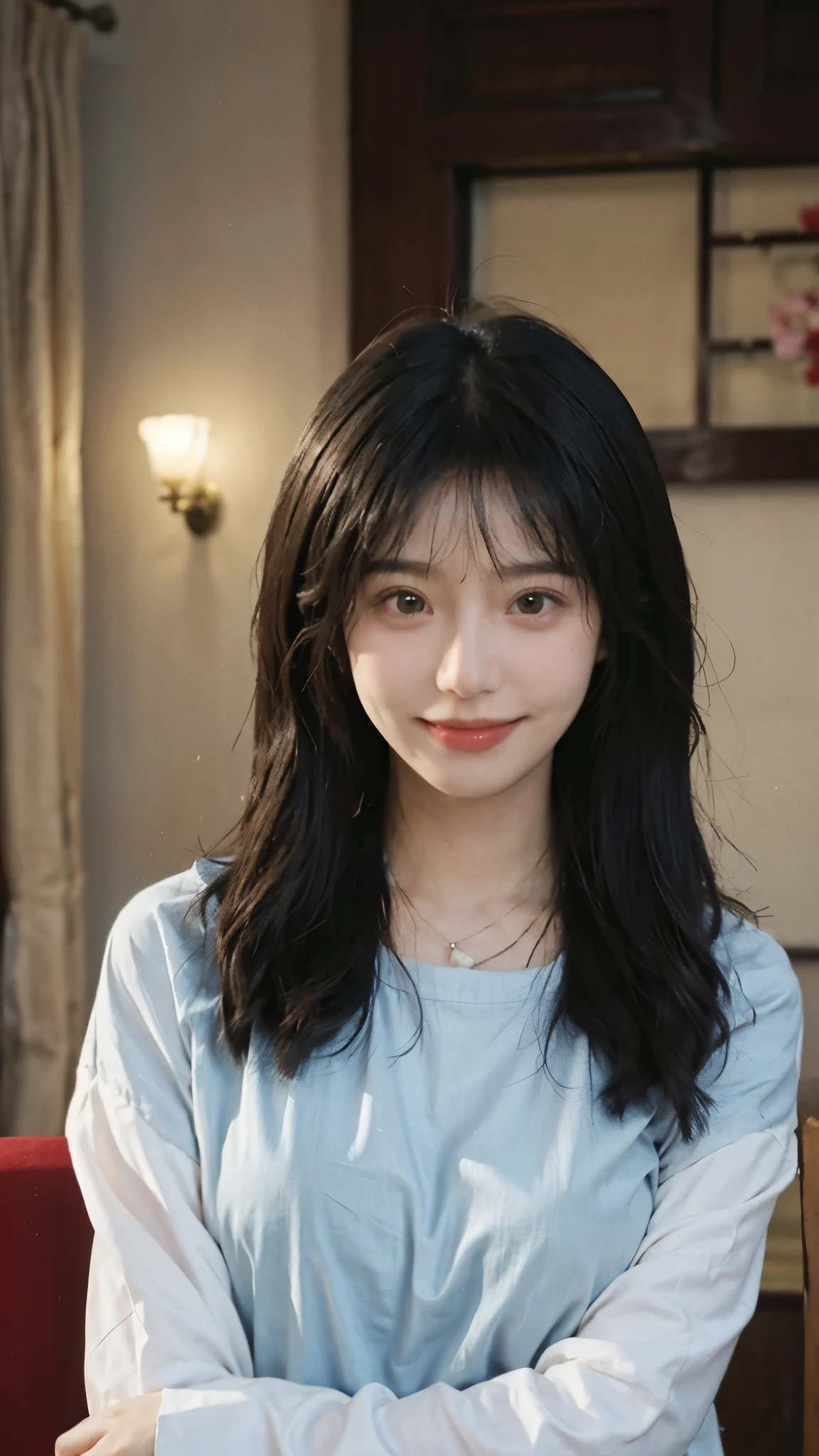best quality， ultra high resolution， （realistically：1.4），cute hairpin，Baoyu Girl，Standing in the wedding hall，A pair of clear and charming peach blossom eyes,Royal sister，The sun shines on the face，Big wavy hairstyle，（necklace：1.2），（White skin：1.4），a sense of atmosphere，a beautiful girl，sweet smile，Looking directly at the viewer ，(lifelike:1.4),1 girl,Sexy,(Upper body:1.4),(wet),(:1.2)