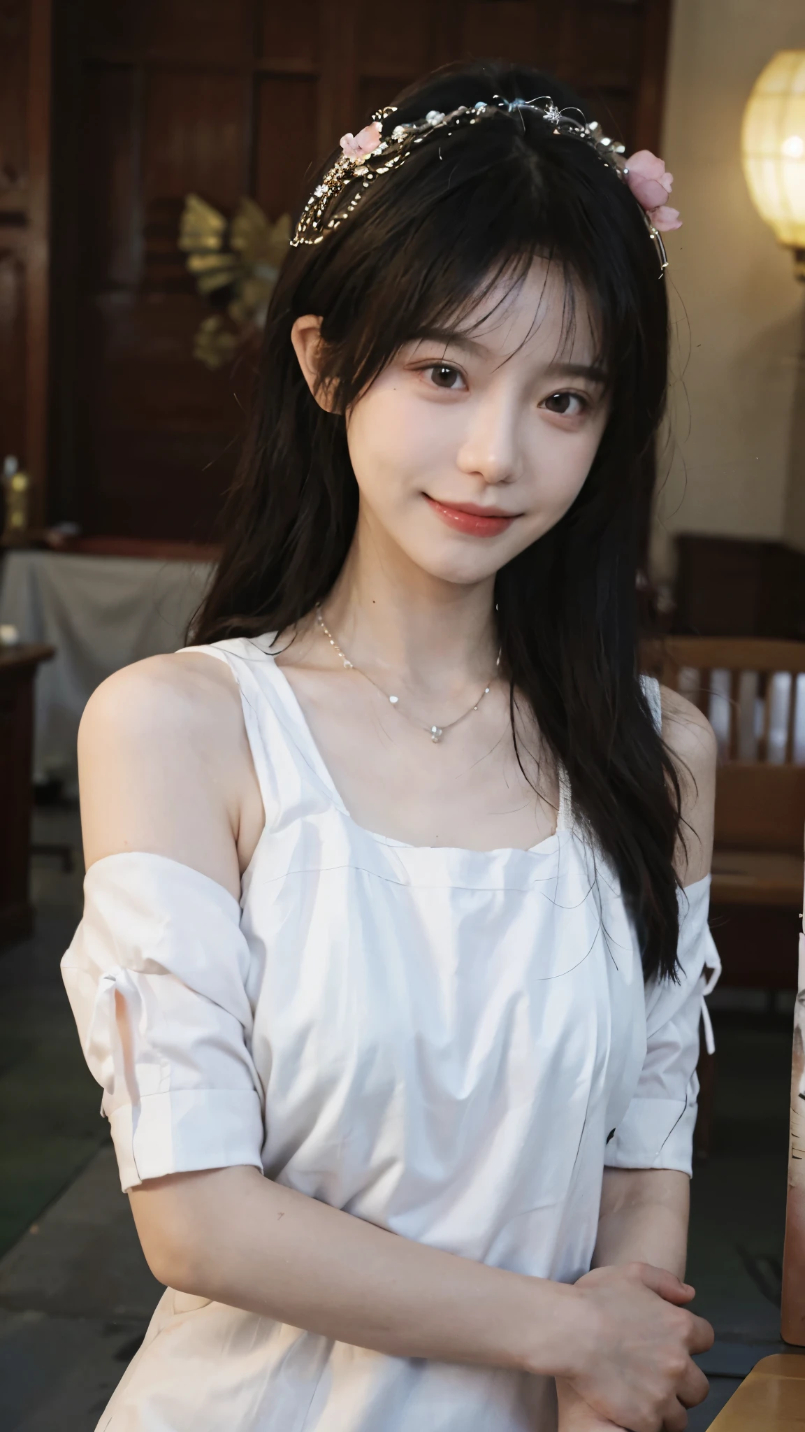 best quality, ultra high resolution, (realistically:1.4),cute hairpin,Baoyu Girl,Standing in the wedding hall,A pair of clear and charming peach blossom eyes,Royal sister,The sun shines on the face,Big wavy hairstyle,(necklace:1.2),(White skin:1.4),a sense of atmosphere,a beautiful girl,sweet smile,Looking directly at the viewer ,(lifelike:1.4),1 girl,Sexy,(Upper body:1.4),(wet),(:1.2)