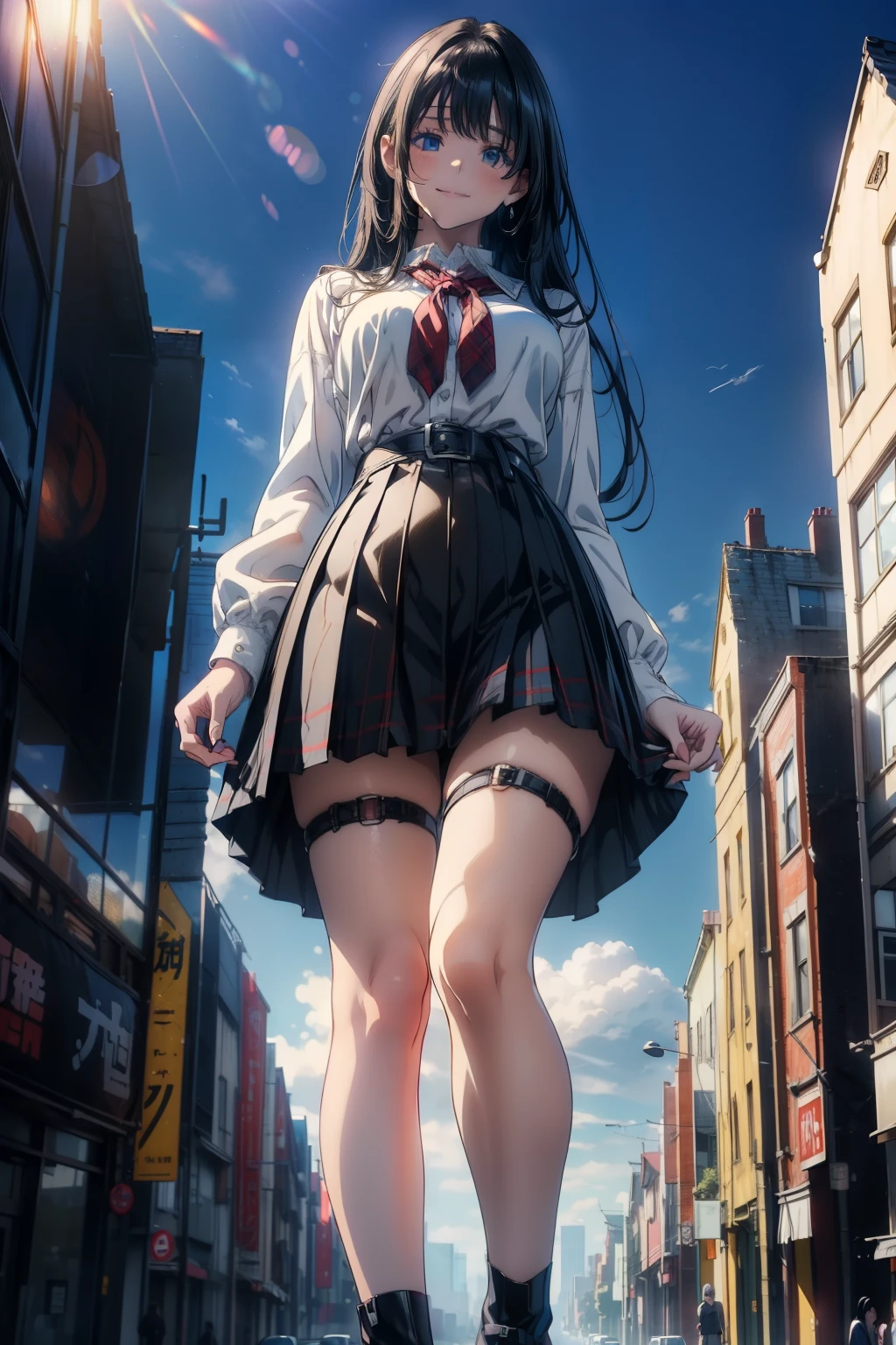 (best quality, masterpiece, ultra high resolution), (8k wallpaper, high-definition, HDR, RAW), (authenticity: 1.4), ((full body shot)), 1girl, ((Anime girl)), ((Giant girl)), Giantess, GTS, ((Long black hair)), ((School anime girl)), ((Blue eyes)), amazing slim body, female curves, wide hips, large breasts, thick thighs, sexy flat tummy, perfect hands, ((hands on her waist)), perfect anime face, ((White blouse)), Tartan skirt, On a small miniature city, ((Confident smile)), small buildings at background, natural illumination, sunlight illumination, sun rays at background