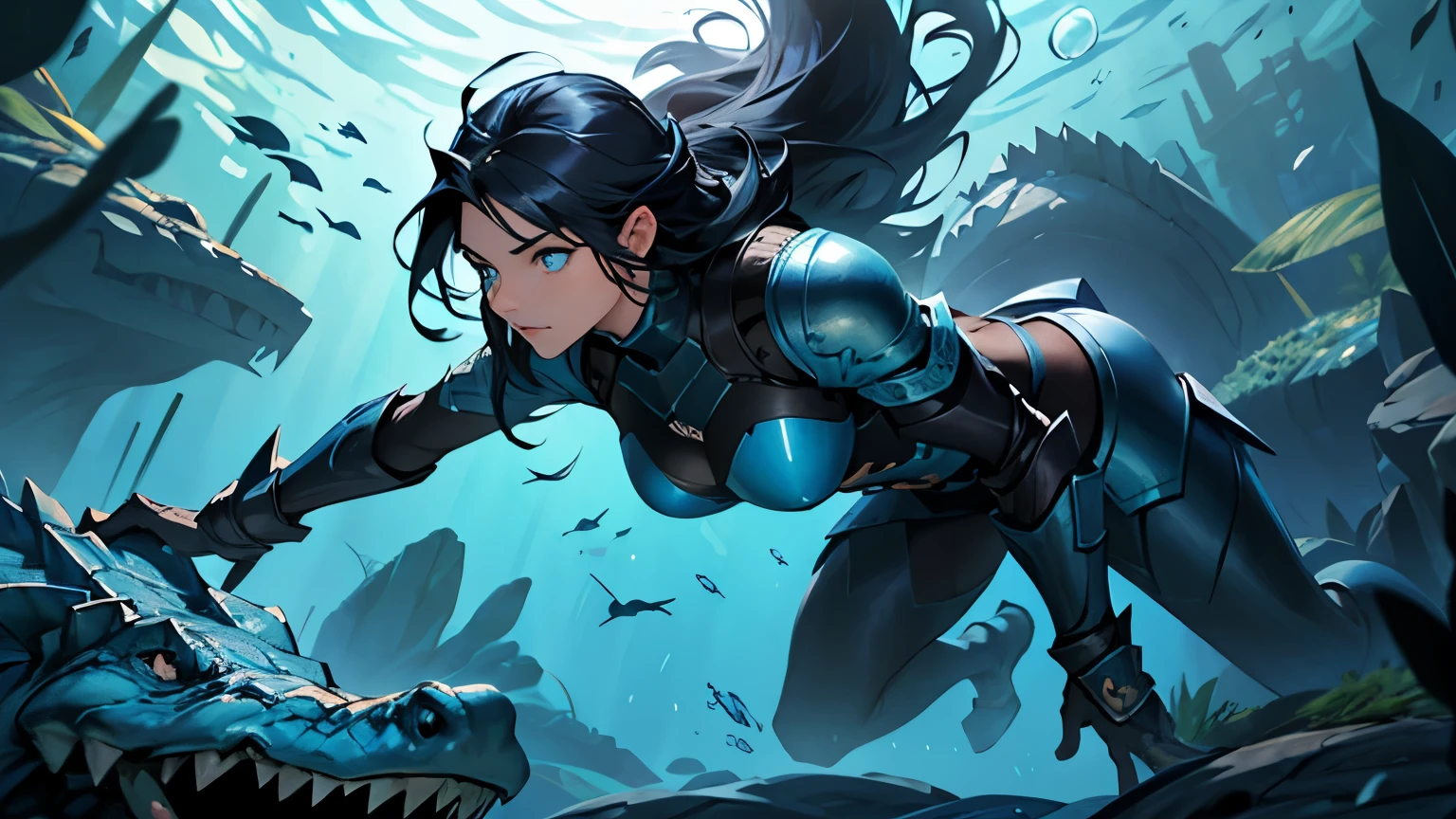a woman with blue eyes, and long curly blue black hair, wearing blue armor, dark underwater dark murky swimming away from a giant crocodile