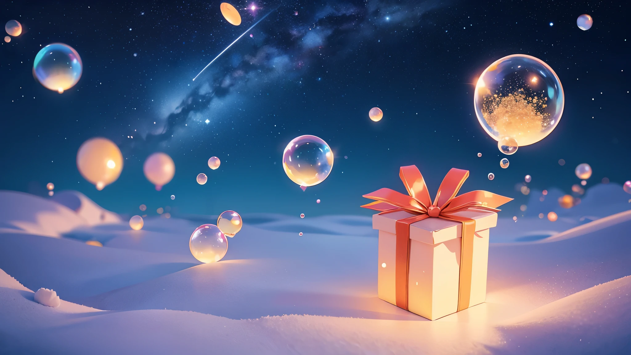 dream,Warmth,A starry sky,Bubbles and gift boxes floating in the air,plain background