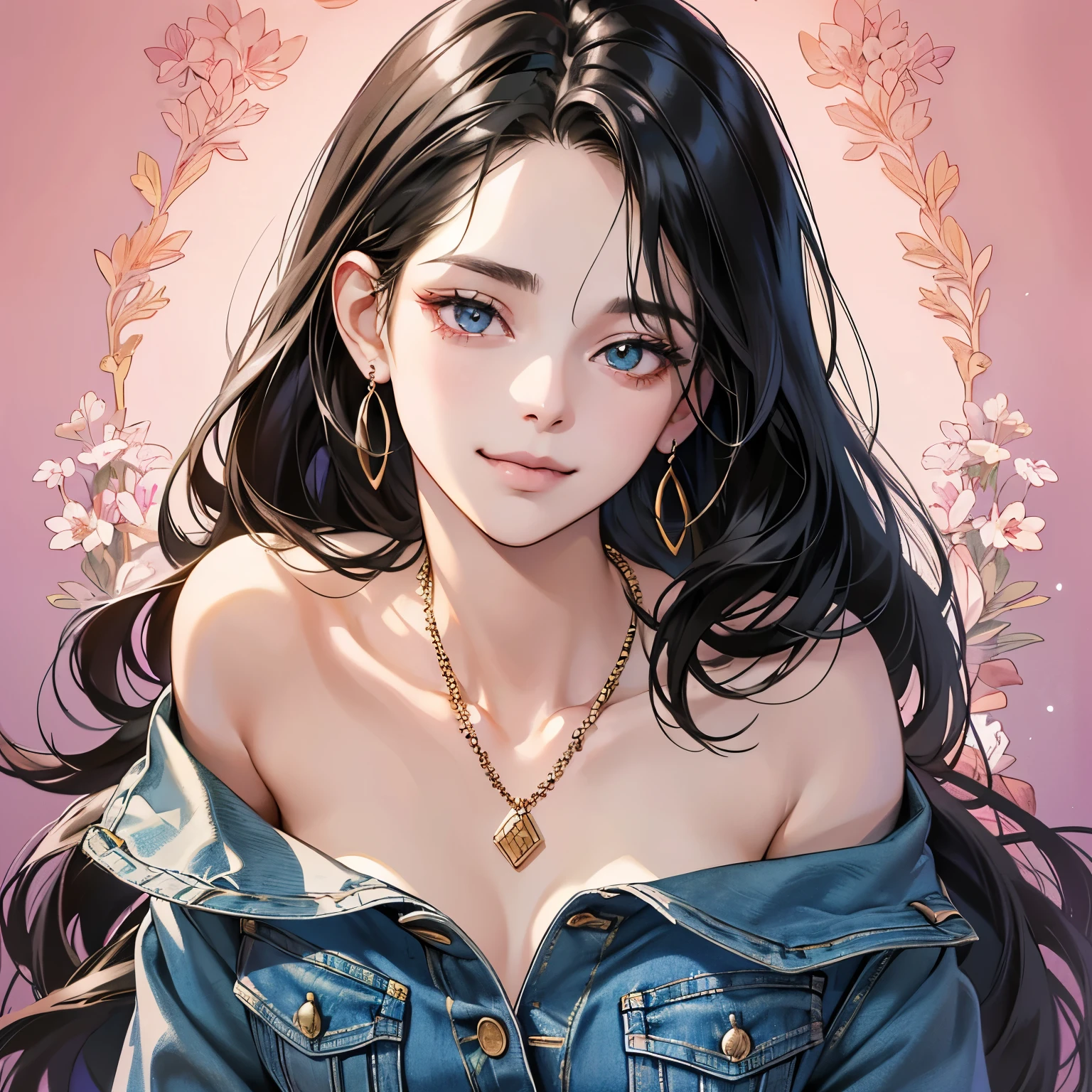 (table top, digital art, digital illustration, 4K, 8K, super detailed, beautiful images, clear image, realistic, RAW photo, perfect face, perfect lines, perfect eyes, soft lighting) ,1 female, (long black hair,parted bangs、bullish look,beautiful woman,closed mouth,smirk,Mature,(slender,),23 year old female,:1.3), wearing a denim shirt,pink gold earrings and necklace、plain background、cool