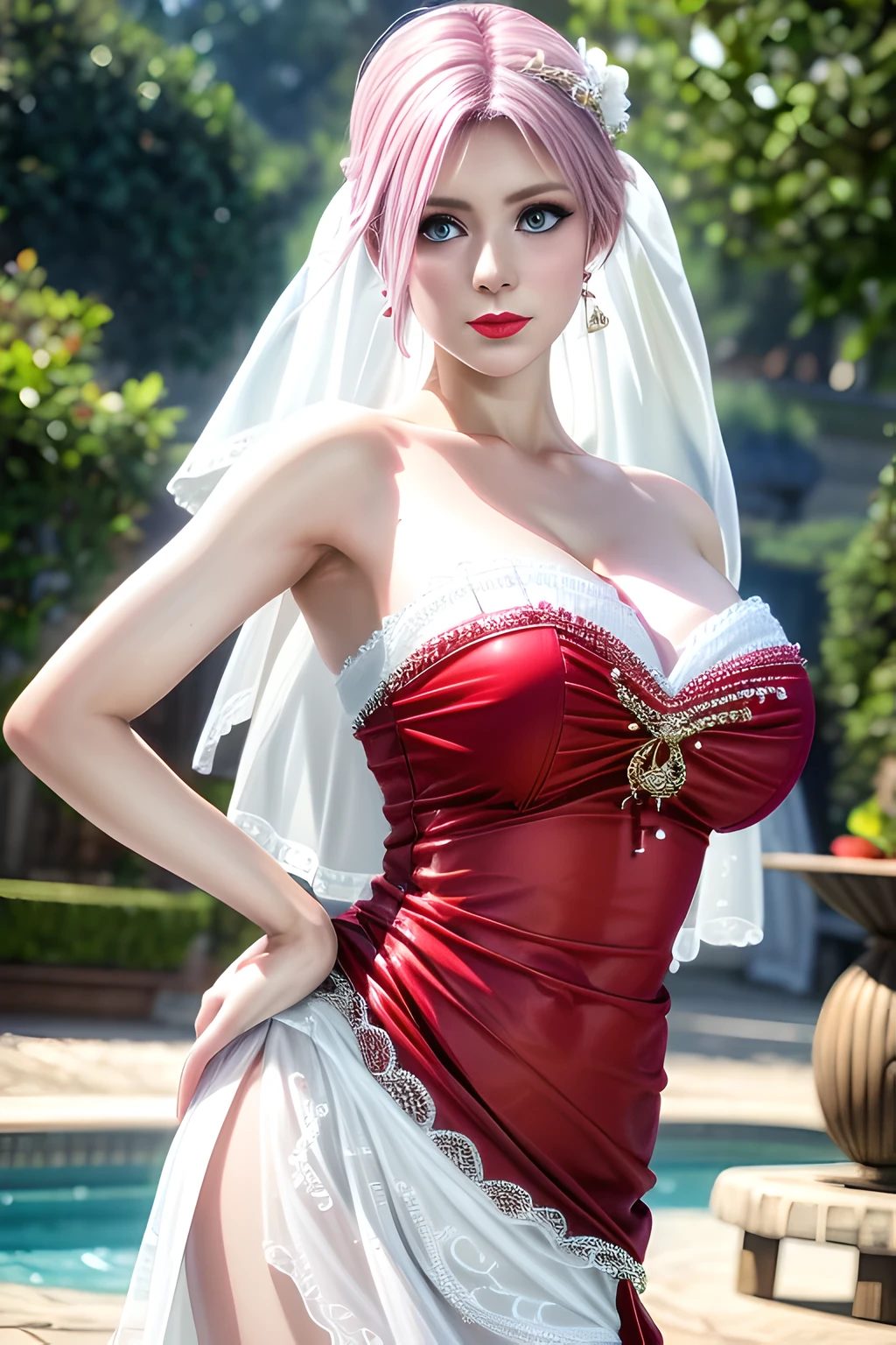 1 girl,Alice,(pajamas),(White strapless dress:1.4),Outdoor activities, (standing posture),grace,(((red lips))), Lips slightly open, clavicle,Lactation,(huge breasts:1.3),skin shiny,((8k, original photo, top quality, masterpiece), HD RAW color photos professional close-up photos, (actual, photorealism: 1.37), (best quality),8k,Fabric luster,alone,