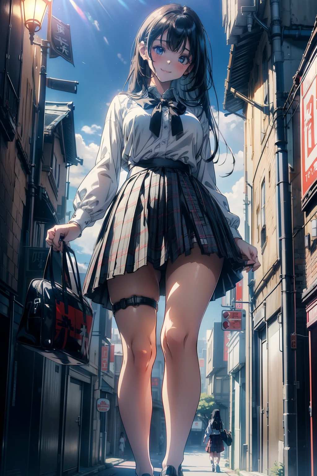 (best quality, masterpiece, ultra high resolution), (8k wallpaper, high-definition, HDR, RAW), (authenticity: 1.4), ((full body shot)), 1girl, ((Anime girl)), ((Giant girl)), Giantess, GTS, ((Long black hair)), ((School anime girl)), ((Blue eyes)), amazing slim body, female curves, wide hips, large breasts, thick thighs, sexy flat tummy, perfect hands, ((walking)), perfect anime face, ((White blouse)), ((short tartan skirt)), On a small miniature city, ((Confident smile)), over tiny buildings, natural illumination, sunlight illumination, sun rays at background