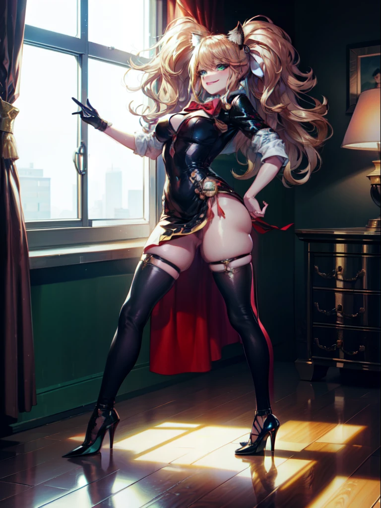 {((1 woman))}, ((feline ears, black naughty woman's costume with extremely tight white parts on the body and tight)), ((blue mohawk hair, sparkling green eyes)), ((has extremely large and firm breasts)), only she is ((looking at the viewer, manic smile, making erotic pose showing leaning)), ((in a hotel room, in front of the window, room with several people with different ethnicities, in the middle of a party)), (((full body shot))), 16k, UHD, Better quality, better resolution, better detail