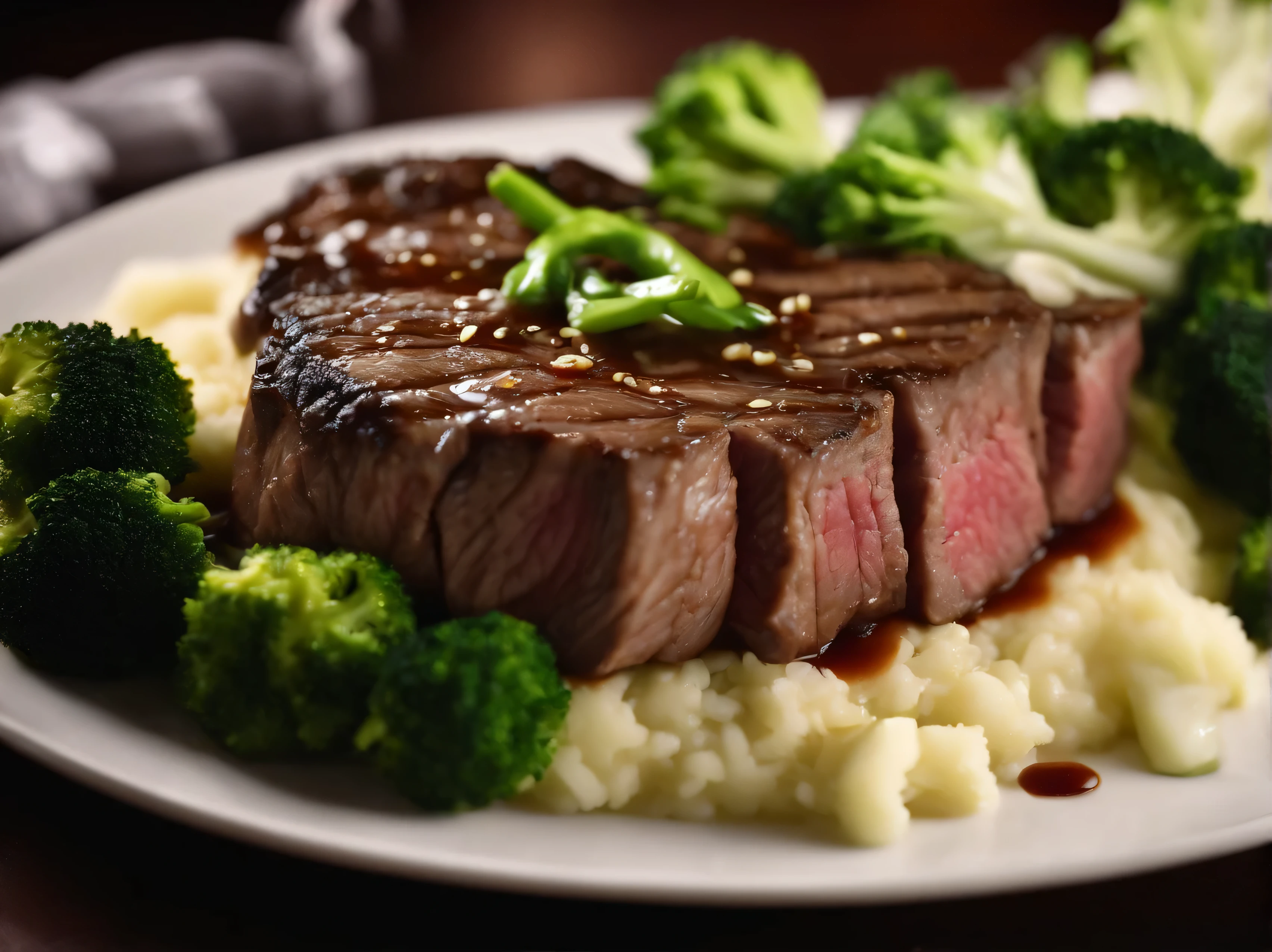 finely cooked beefsteak, served with broccoli, ginger sauce, mashed potatoes, chopped leeks toppings, chopstick, Japenese steak house, soft lighting, ultimate food photography, extreme close-up shot, 32k, UHD –q 2 –ar 16:9