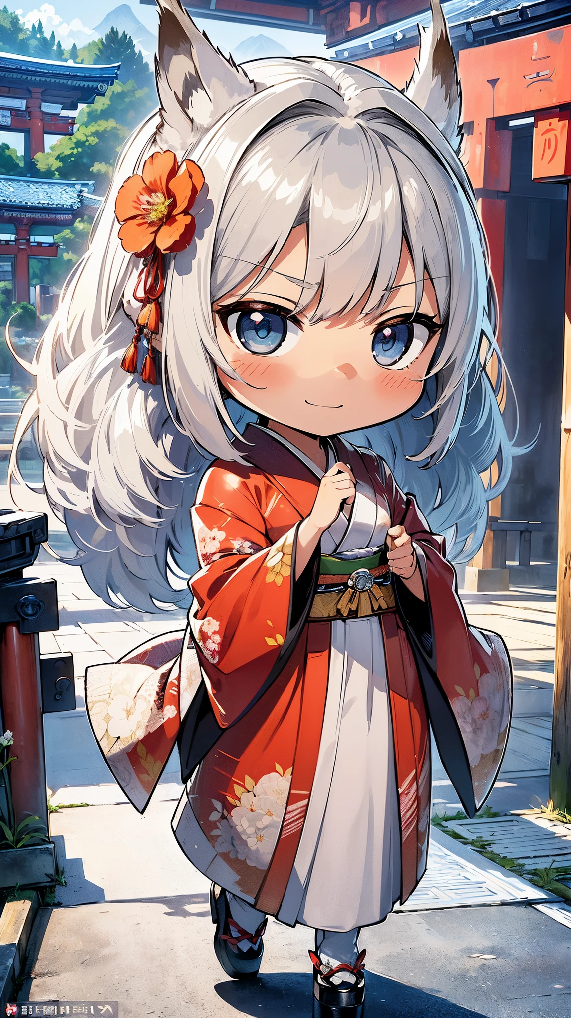 (((Masterpiece))), (((Highest quality))), ((Ultra-detailed)), ((Super fine illustration)), ((Ultra-fine painting)), (16K highest quality wallpaper:1.4), (Chibi:2.0), (Full body:1.6), HDR, (Highly detailed and delicate illustration style:1.8), Detailed skin texture, Detailed cloth texture, Extreme detailed description, (T-masterpiece), (Highly detailed face:1.2), (Highly detailed silver fox ears:1.2), (Highly detailed shiny silver half updo:1.2), (Highly detailed clear eyes:1.2), Original, RAW photo, Professional, Intricate details, Super details, Direct light:1.6, (Perfect anatomy:1.4), (Highly detailed hands:1.2), (Highly detailed fingers:1.2), (Highly detailed fingertips:1.2), (-yeld), R, (Solo:1.8), ((A very beautiful and cute silver fox girl who is an idol and wears a bright red long-sleeved kimono with a floral pattern:1.4)) BRAKE (Beautiful and adorable silver fox ears:1.8), (Highly detailed and delicate silver fox ears:1.4), (Beautiful and shiny silver half updo:1.6), (Highly detailed and delicate silver half updo:1.2), (Beautiful clear blue eyes that shine with great detail:1.6), (Highly detailed and delicate blue eyes:1.2), (Highly detailed face:1.4), (Smile:1.3), (Blush:1.4), (Looking at viewer:1.4), (Celebration:1.4) BRAKE (Bright red long-sleeved kimono with floral pattern:1.4), (Japanese traditional costume:1.2) BRAKE (Concept art:1.2), (Detailed fantasy art:1.2) BRAKE (Just after noon:1.4), (Very detailed and beautiful Ise Grand Shrine in Mie Prefecture just after noon in the background:1.6), (Standing in front of the torii gate:1.4), (Celebration:1.4), Ise Grand Shrine:1.4, Torii gate of Ise Shrine:1.4, Very beautiful in the sunny sky background just after noon:1.4 BRAKE