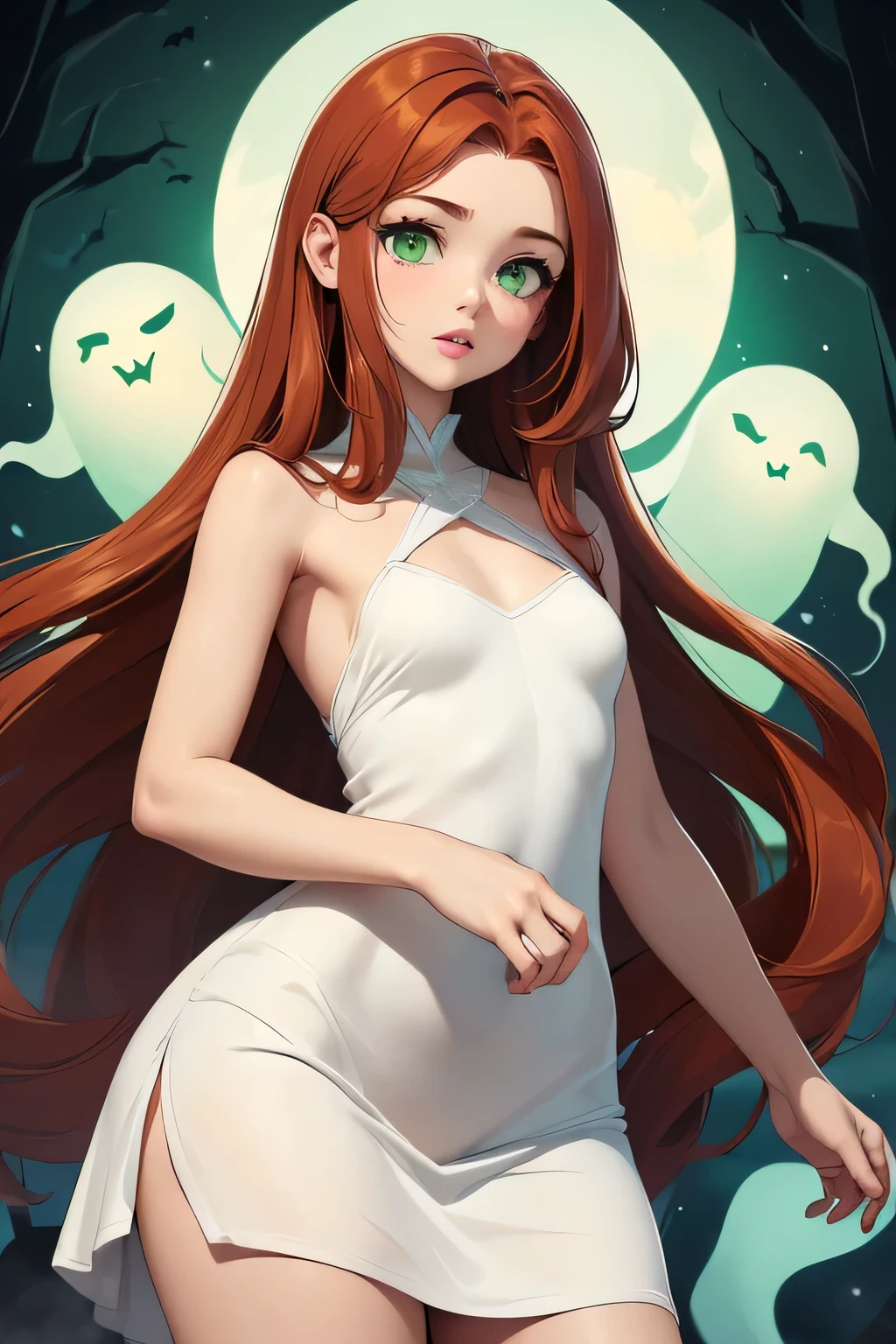 ((Masterpiece)) ((High Quality)) ((Perfect Face)) ((Beautiful)) ((Small Breasts)) ((Wide Hips)) ((Narrow Waist)) ((Auburn Hair)) ((Long Hair)) ((Cute Nose)) ((Green Eyes)) ((Light Skin)) ((Full lips)) ((Ghost girl)) ((Ethereal))((Spooky Shop)) ((Dim Light)) ((loose white shift dress))