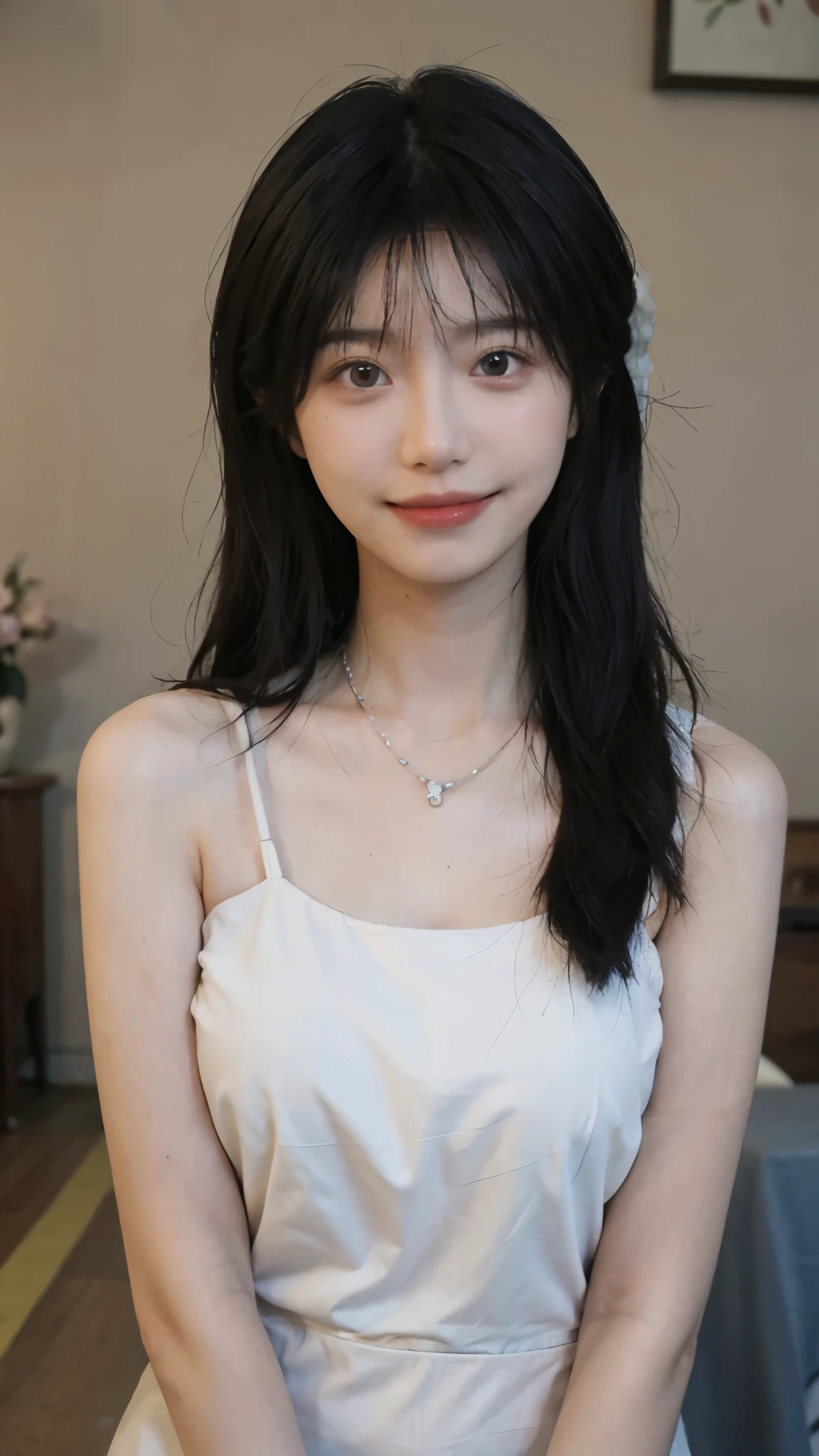 best quality, ultra high resolution, (realistically:1.4),cute hairpin,Baoyu Girl,Standing in the wedding hall,(flat chest:1.2) ,A pair of clear and charming peach blossom eyes,Royal sister,The sun shines on the face,Big wavy hairstyle,(necklace:1.2),(White skin:1.4),a sense of atmosphere,a beautiful girl,sweet smile,Looking directly at the viewer, Close-up cleavage ,(lifelike:1.4),1 girl,Sexy,(Upper body:1.4),(wet),(:1.2)