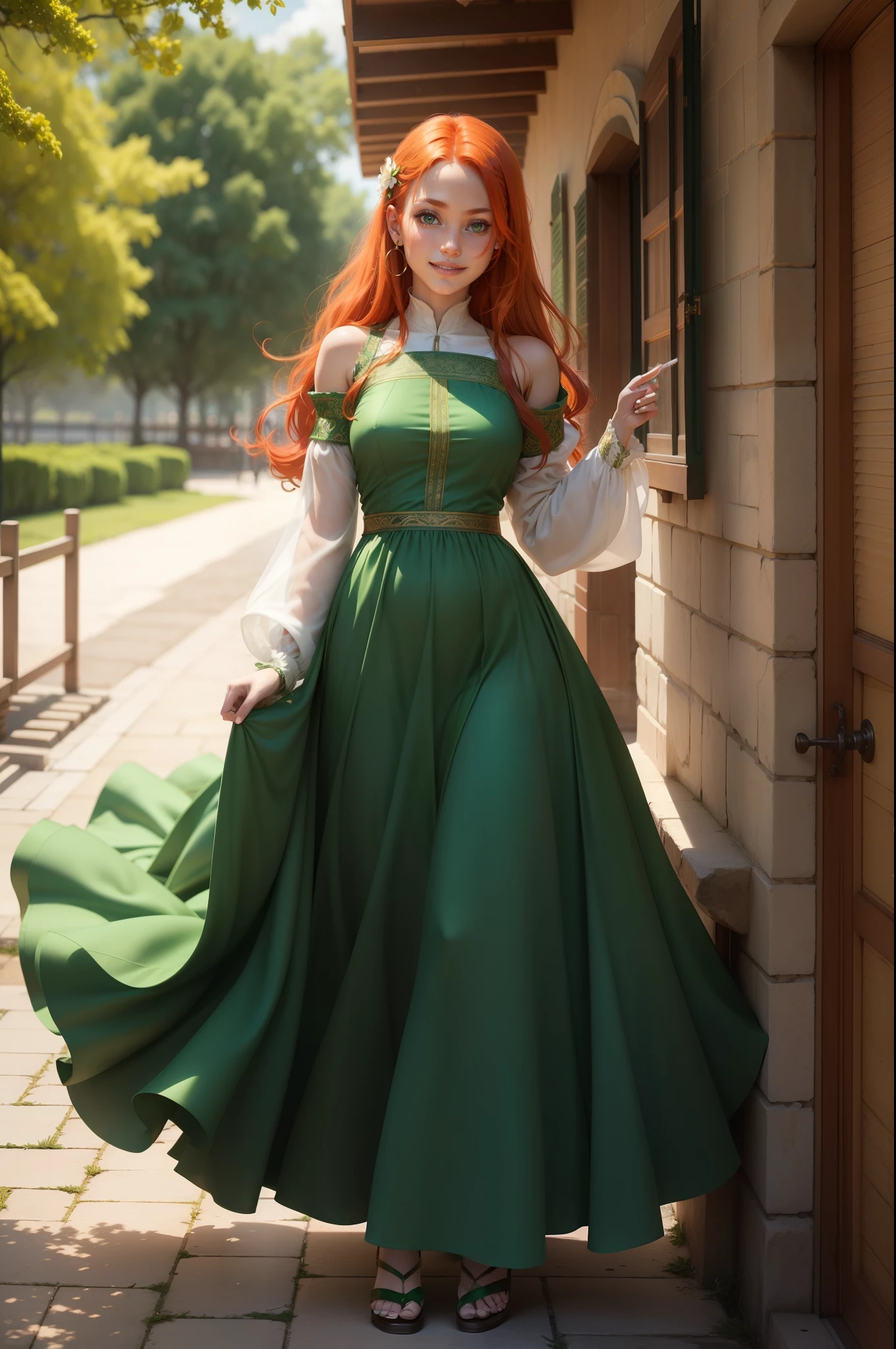 girl With flaming locks of auburn hair and with ivory skin and eyes of emerald green ,her smile is like a breath of spring, wearing islamic long dress