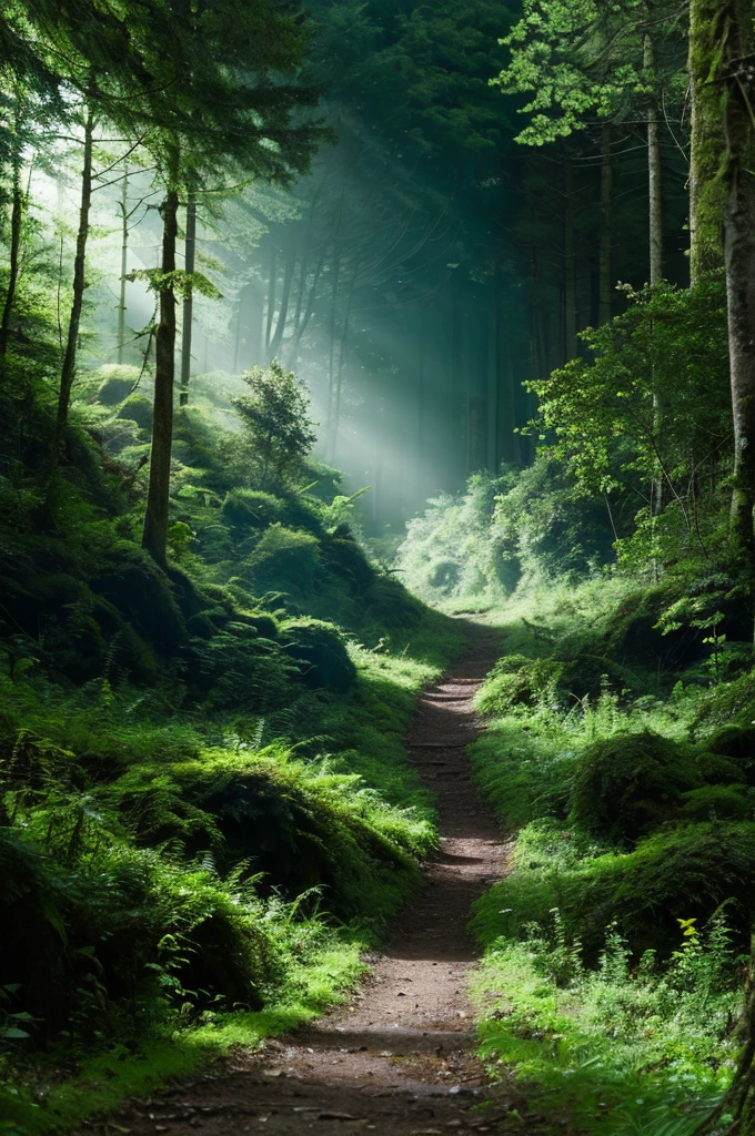 highest quality,dark forest,Deep woods,in the forest,jungle,deep green,Nature,mysterious landscape,A forest without a path,Giant wood,overgrown,Mountain