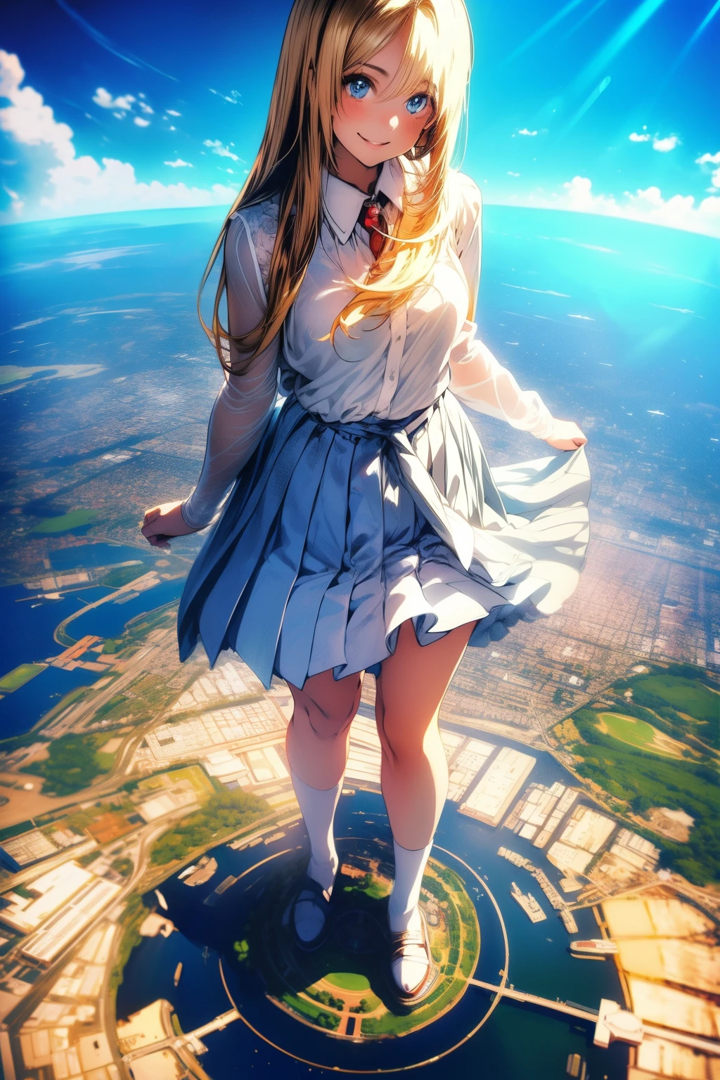 (best quality, masterpiece, ultra high resolution), (8k wallpaper, high-definition, HDR, RAW), (authenticity: 1.4), ((full body shot)), 1girl, ((Anime girl)), ((Giant girl)), Giantess, GTS, ((Long straight hair)), ((School anime girl)), ((blonde hair)), ((Blue eyes)), amazing slim body, female curves, wide hips, large breasts, thick thighs, sexy flat tummy, perfect hands, ((hands on her waist)), perfect anime face, ((White blouse)), Pleated skirt, Standing on a small miniature city, ((Confident smile)), natural illumination, sunlight illumination, sun rays at background