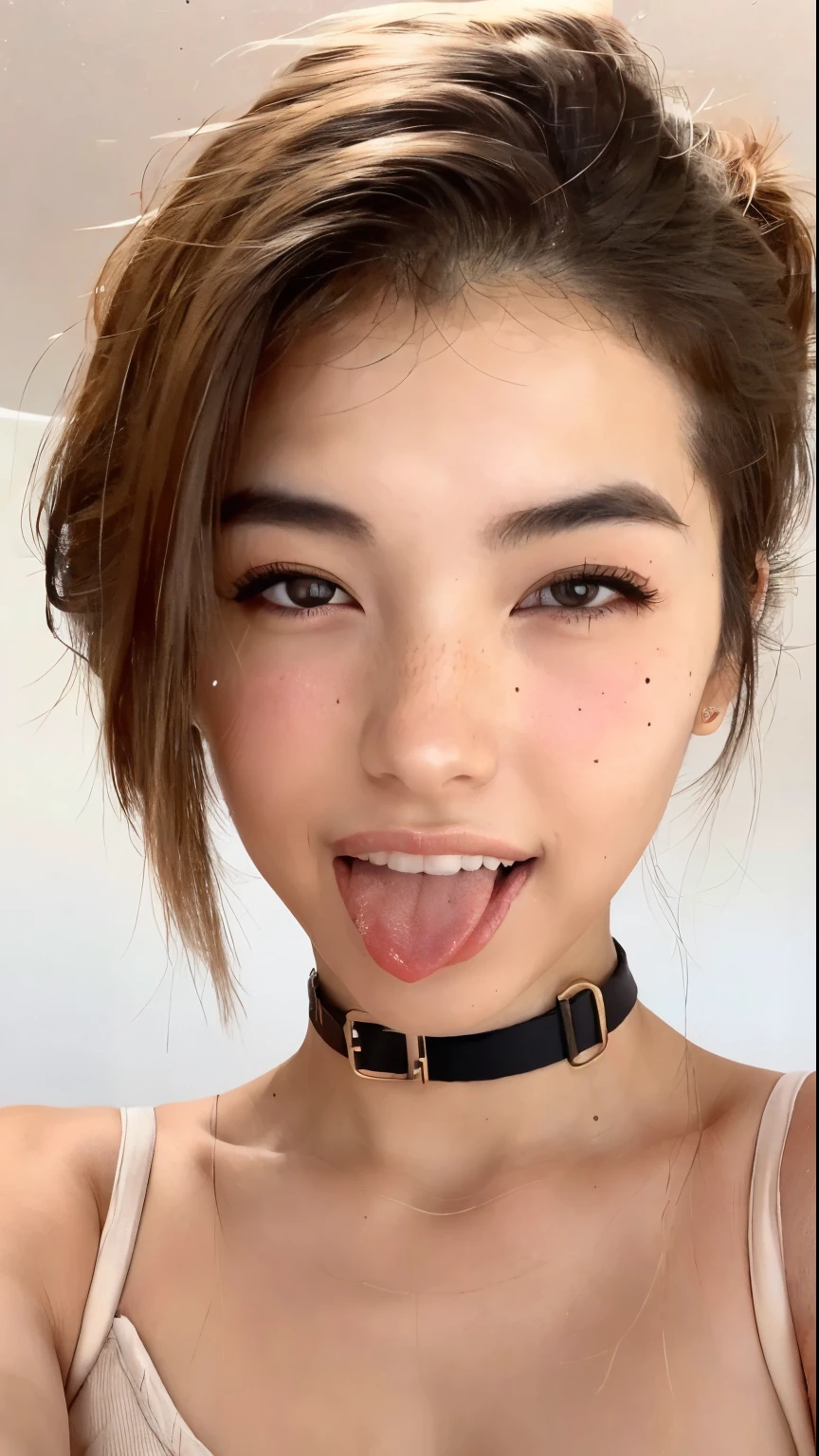 ((highest quality)), ((masterpiece)), (be familiar with), perfect face, realistic skin texture,photo of cute japanese woman, super short hair:2.0,looking at the viewer,boyish、fine、tanned skin、wink、stick out tongue、