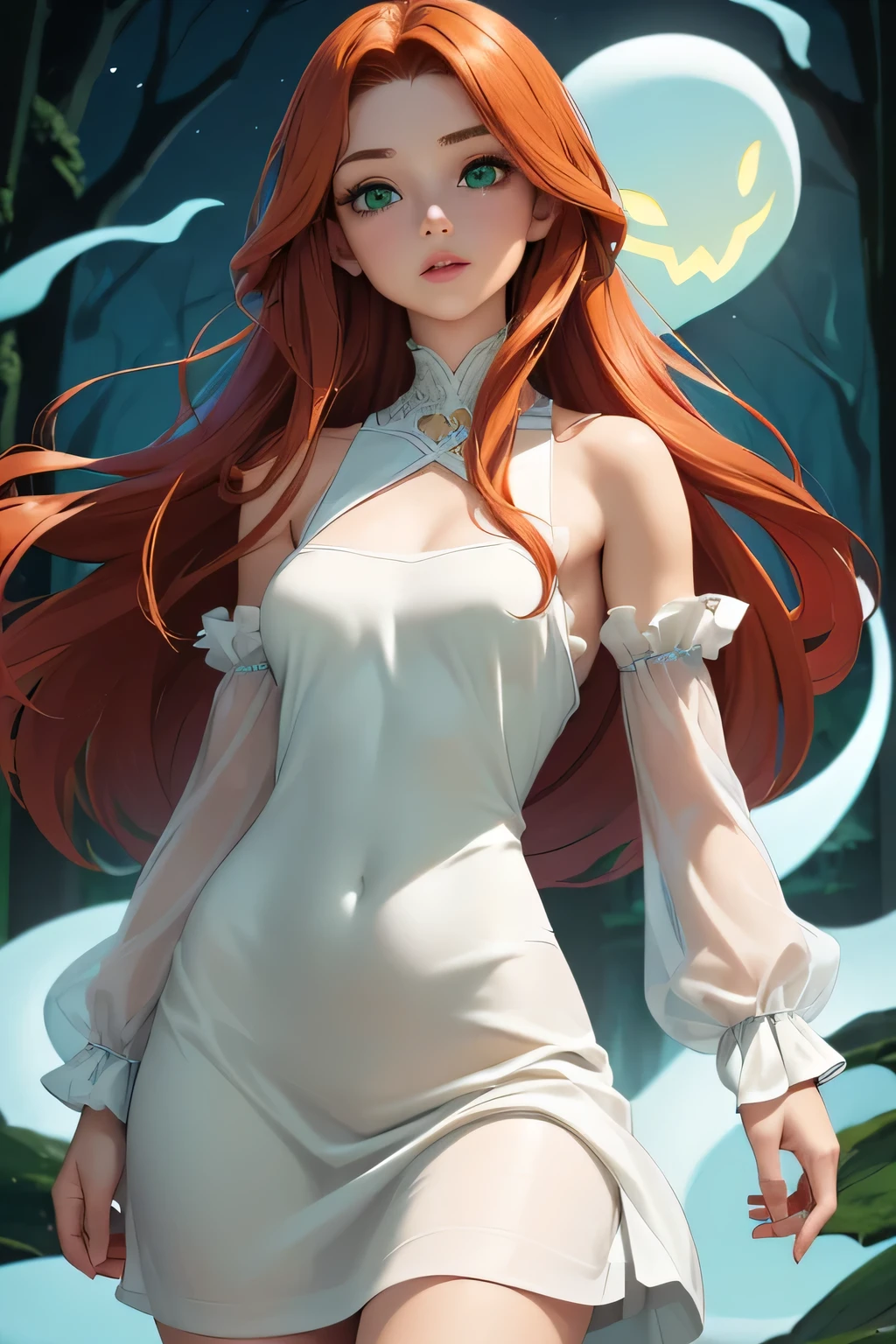 ((Masterpiece)) ((High Quality)) ((Perfect Face)) ((Beautiful)) ((Small Breasts)) ((Wide Hips)) ((Narrow Waist)) ((Auburn Hair)) ((Long Hair)) ((Cute Nose)) ((Green Eyes)) ((Light Skin)) ((Full lips)) ((Ghost girl)) ((Ethereal skin)) ((Spooky Shop)) ((Dim Light)) ((loose white shift dress))