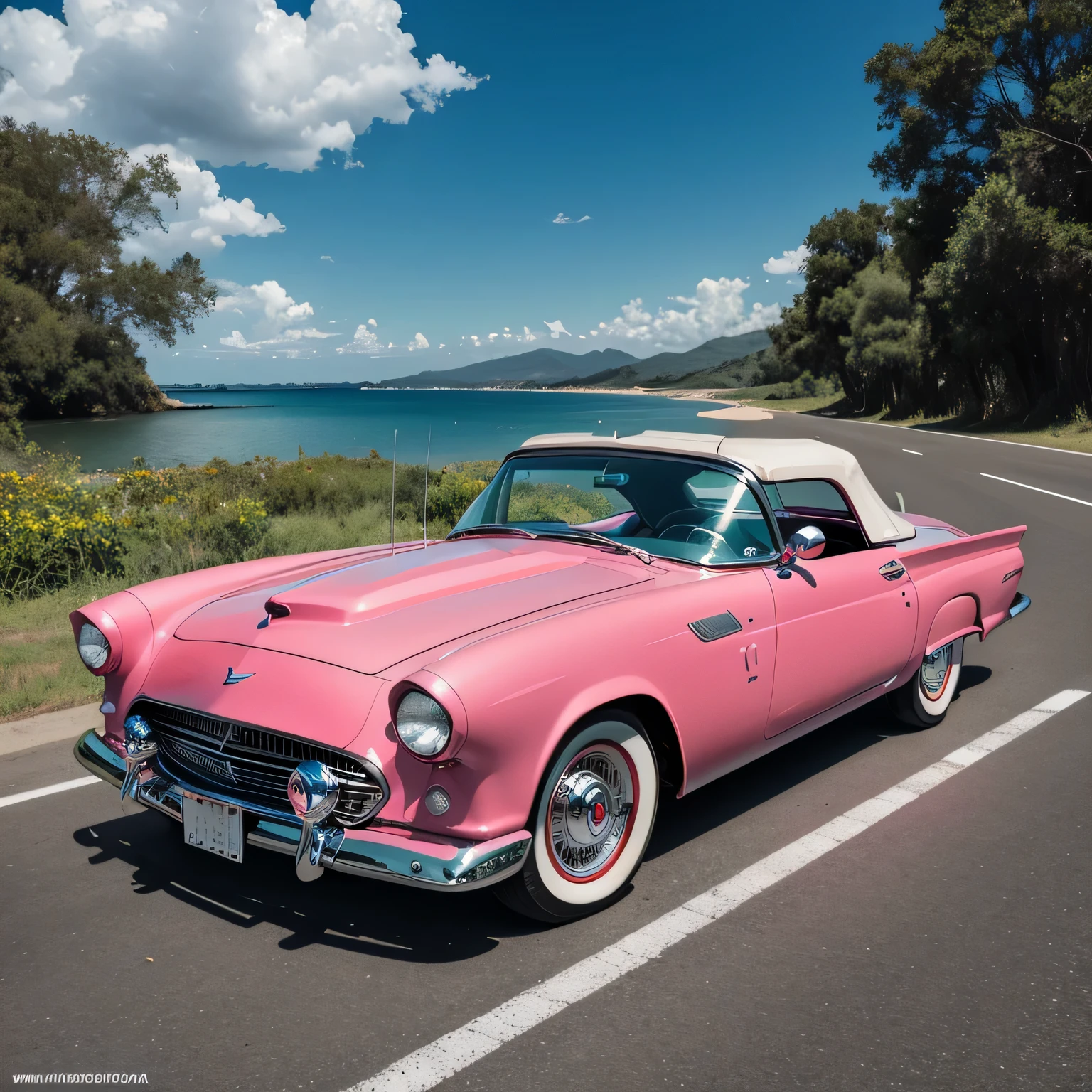 diagonal photo of a 1955 Ford Thunderbird convertible, metal polido brilhante, cor rosa brilhante, a pintura reflete tudo ao seu redor, estilo ciberpunk, cercado de luz neon colorida, roda grossa, roda dourada, detalhes em dourado, Woman in sunglasses driving, neon na pintura do carro, pintura reflexiva que reflete tudo ao seu redor, farol detalhado, farol muito detalhado, As detailed as possible, hyper-realistic as realistic as possible, melhor qualidade, CRU, obra-prima, foto super fina, melhor qualidade, super high resolution, fotorrealista, luz solar, enquadrando o carro inteiro na foto, incrivelmente bonito,, dynamic poses