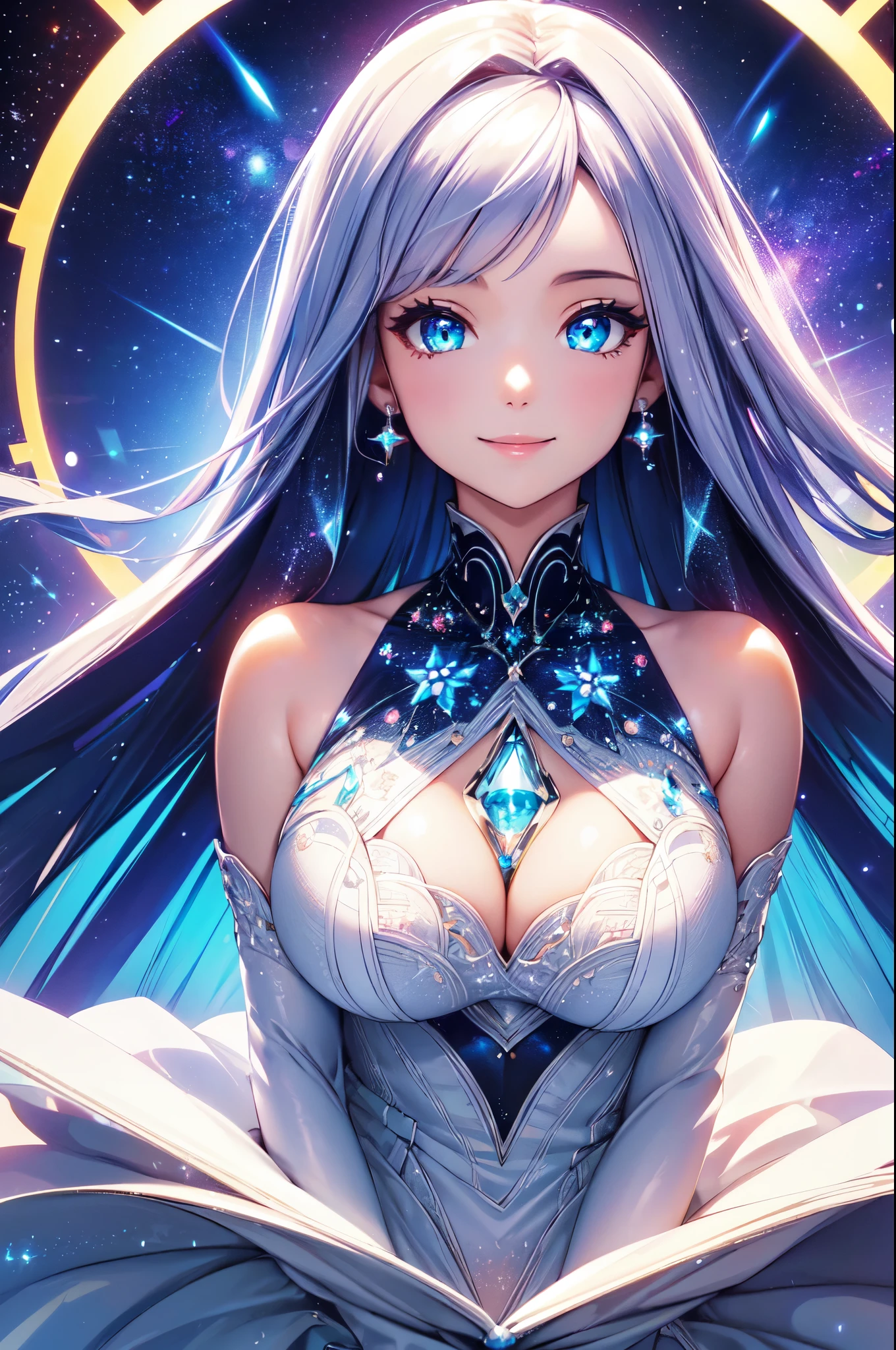 (High quality, High resolution, Fine details), outer space, (Symmetry), Galactic dress, solo, curvy women, sparkling eyes, (Detailed eyes:1.2), smile, shallow depth of field