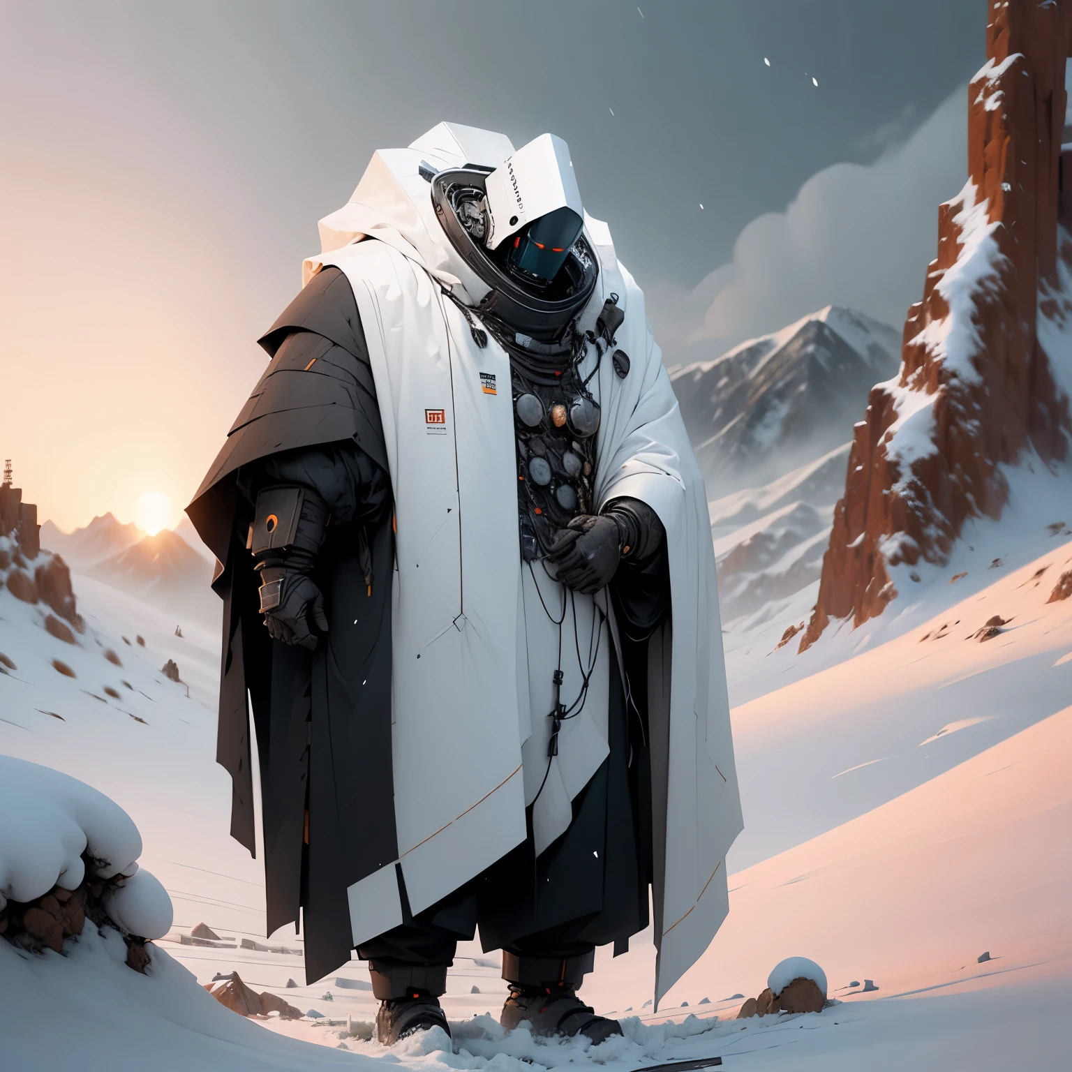 very thick robots, very large legs, in the mountains, in a group, very heavy snowfall, lots of snow, sunset, wearing white cloaks, in a futuristic snowy village, makeshift tents in the background