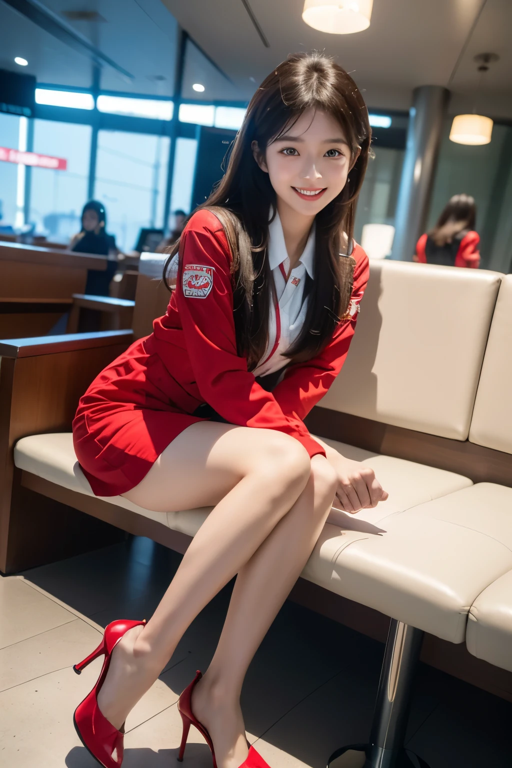 (8k, RAW photo, best quality, masterpiece:1.2), (realistic, photo-realistic:1.37), close shot, one girl, smiling, ulzzang-6500-v1.1, wearing AIRASIA UNIFORM with high heels and D20, cute, at busy airport lounge, professional lighting, photon mapping, radiosity, physically-based rendering.